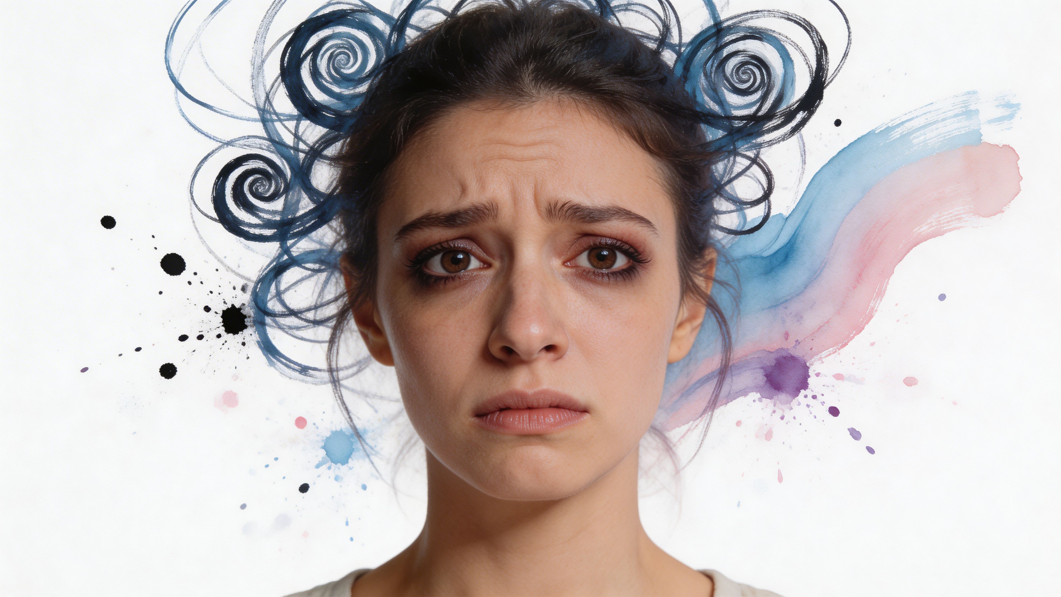 A young woman with a sad, tired expression against a background of artistic, chaotic blue swirls.
