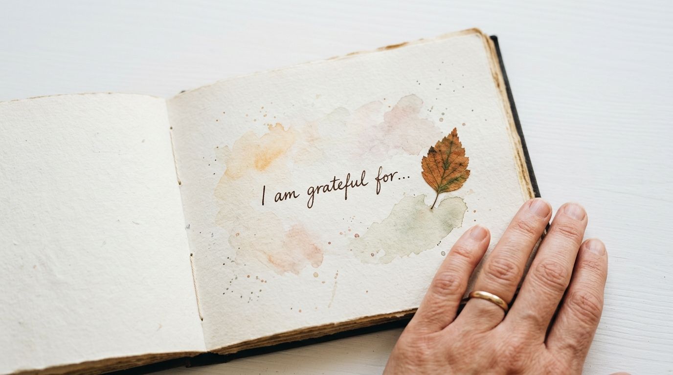 A hand rests on an open journal page featuring a dried autumn leaf and handwritten text.