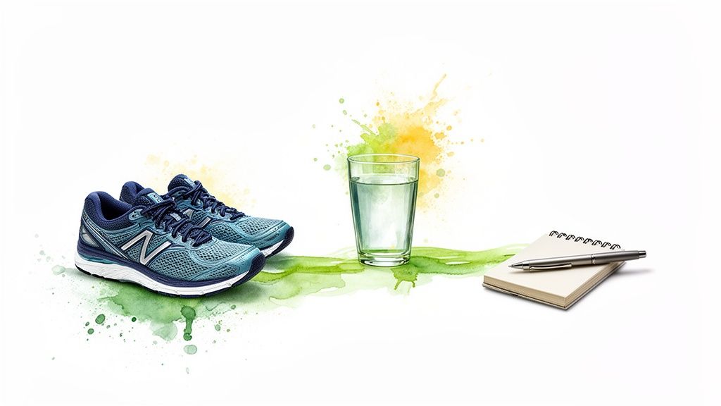 Blue running shoes, a glass of water, and a notebook with a pen on a white background with watercolor.