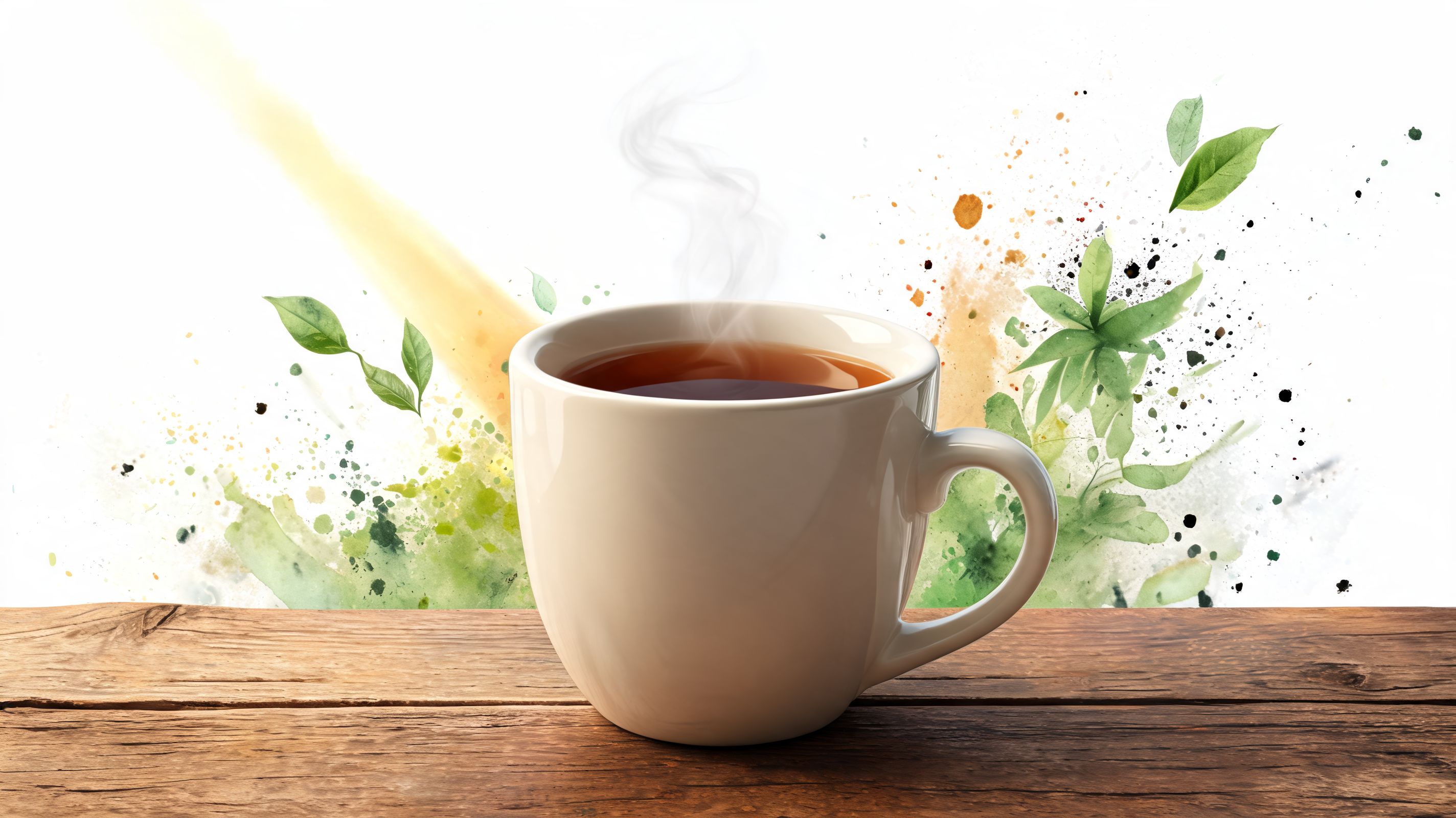 A steaming mug of hot tea sitting on a wooden surface with a soft watercolor background.