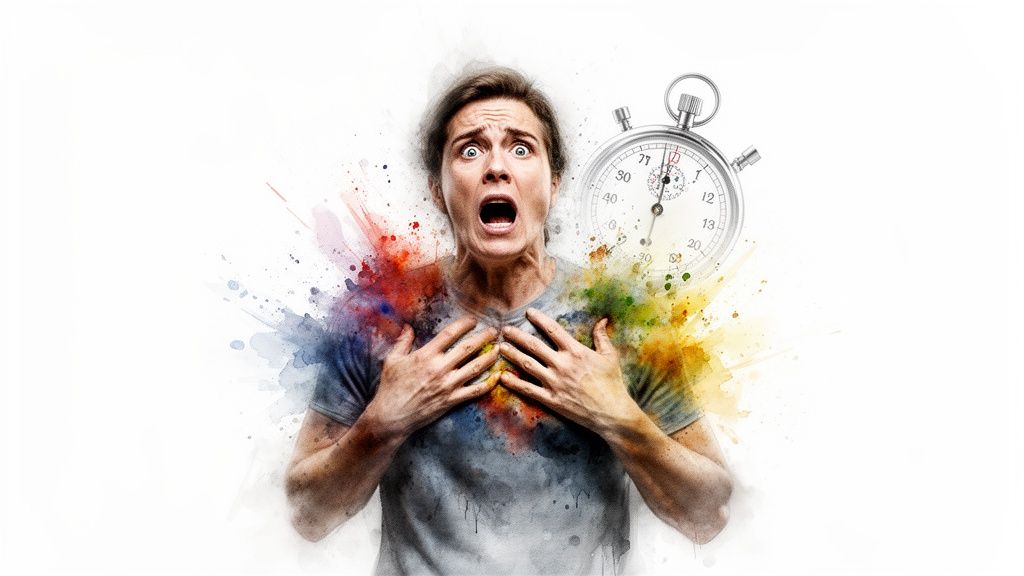 A person screaming in panic with a stopwatch, hands on chest, representing adult anxiety.