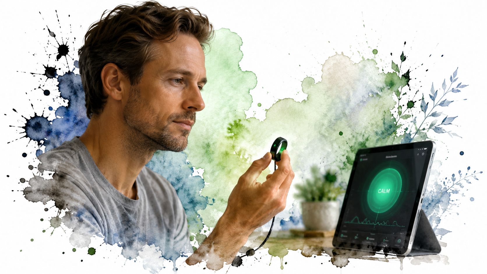 A man using a smart ring for biofeedback therapy while monitoring his relaxation levels on a tablet.