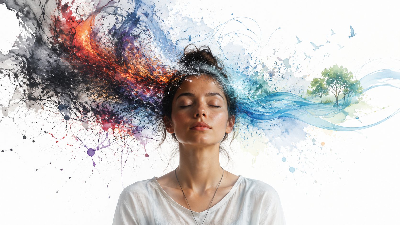 A woman meditating with a calm expression as colorful abstract thoughts flow from her mind.
