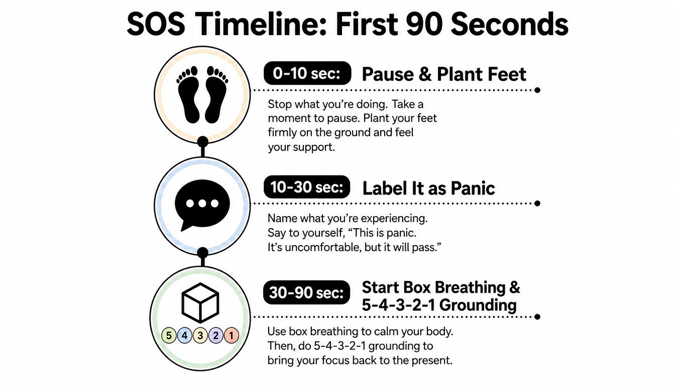 A visual guide titled SOS Timeline: First 90 Seconds, outlining step-by-step techniques for managing panic attacks.