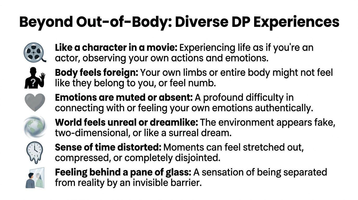 A list of diverse symptoms of depersonalization, including feeling like an actor or being behind glass.