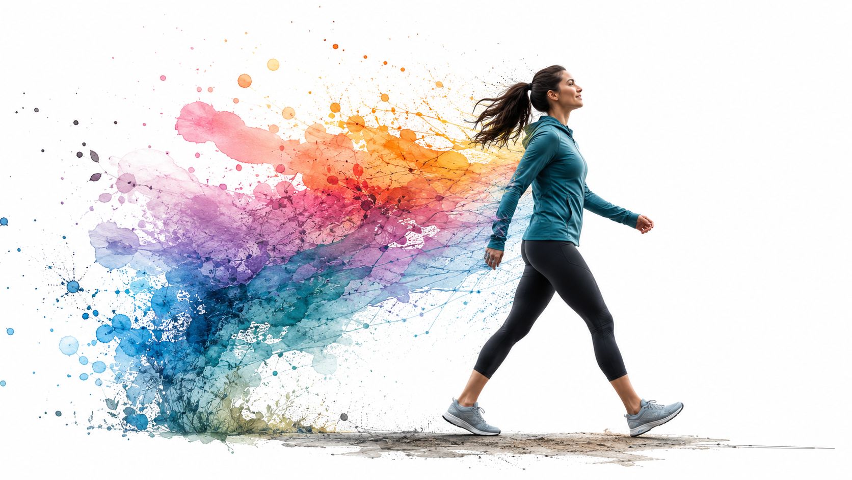A woman in a blue jacket walking briskly, with a trail of vibrant, abstract watercolor splashes behind her.