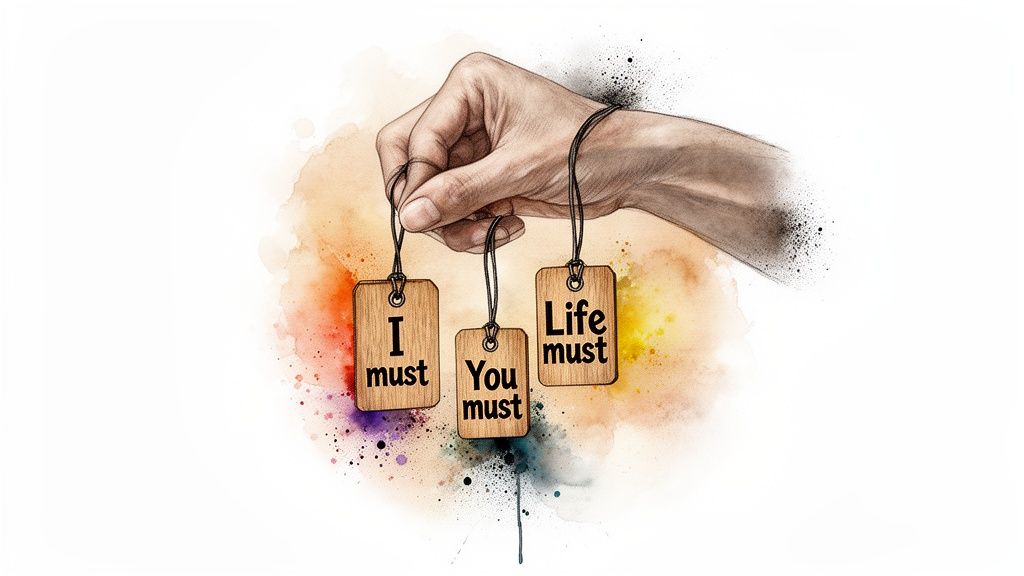 A hand holds three wooden tags displaying 'I must', 'You must', and 'Life must' against a colorful watercolor splash background.