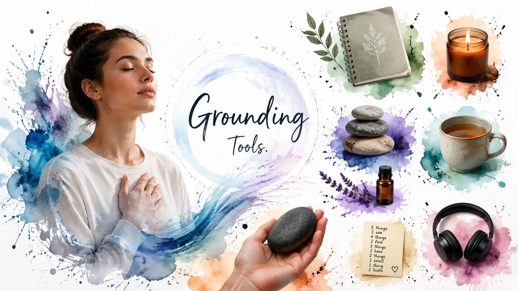 A woman practicing mindfulness with various calming grounding tools surrounding her against a white watercolor background.