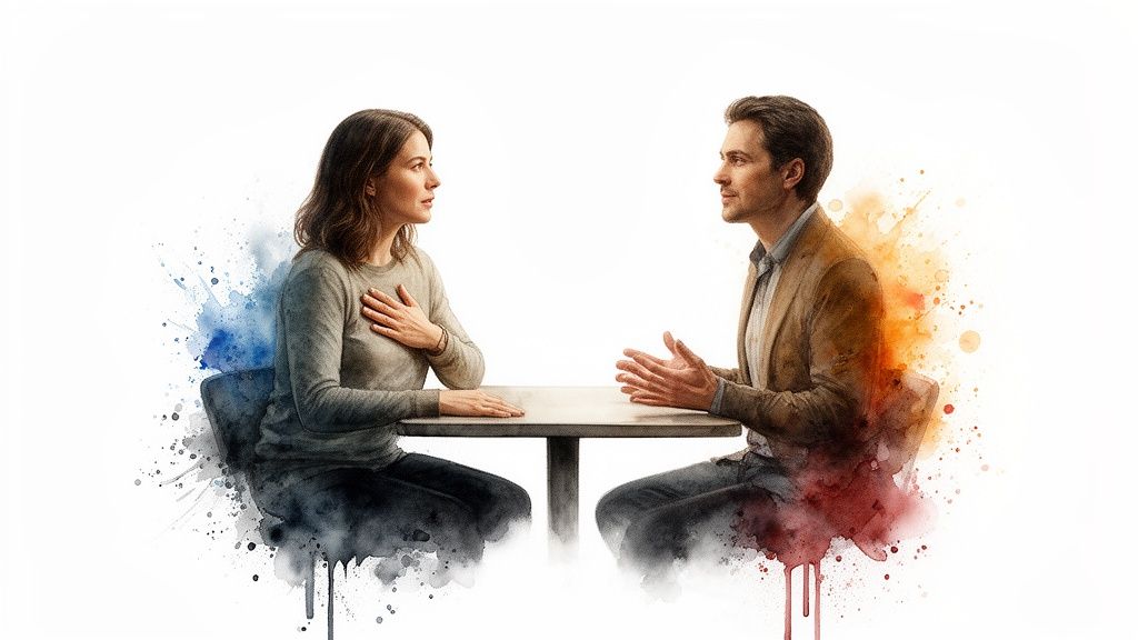 Two people engage in a heartfelt conversation at a table, rendered with contrasting watercolor splashes, symbolizing their dialogue.