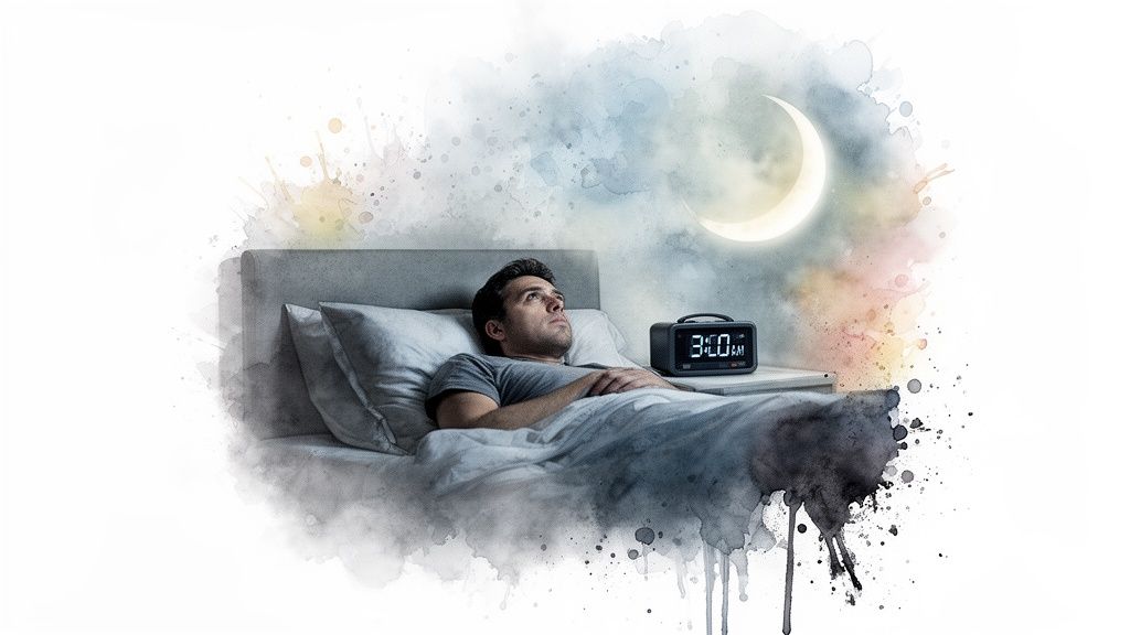 A man lies awake in bed at 3 AM, unable to sleep, suggesting insomnia or anxiety.