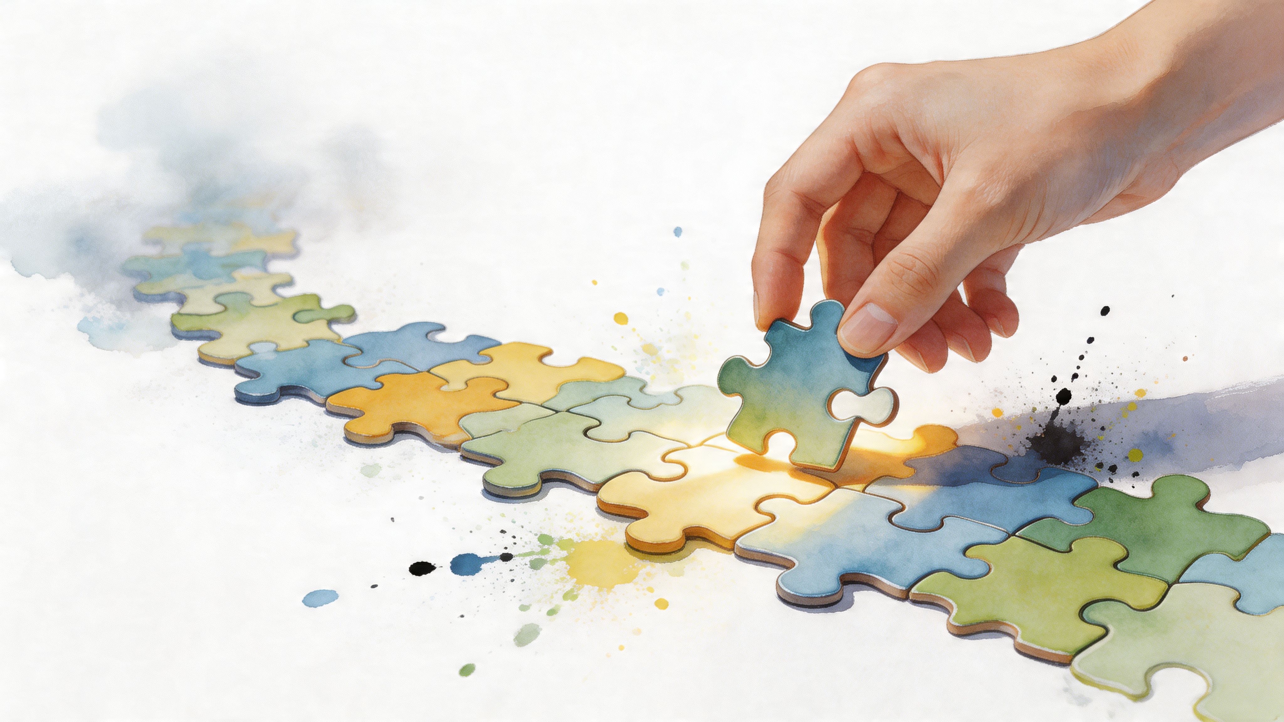 A hand placing a final puzzle piece to complete a colorful path of connected jigsaw pieces.
