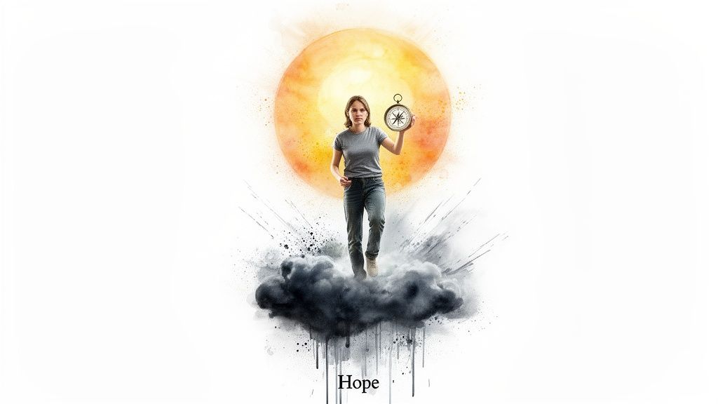 A woman walks on dark clouds holding a compass, with a glowing sun and 'Hope' text.