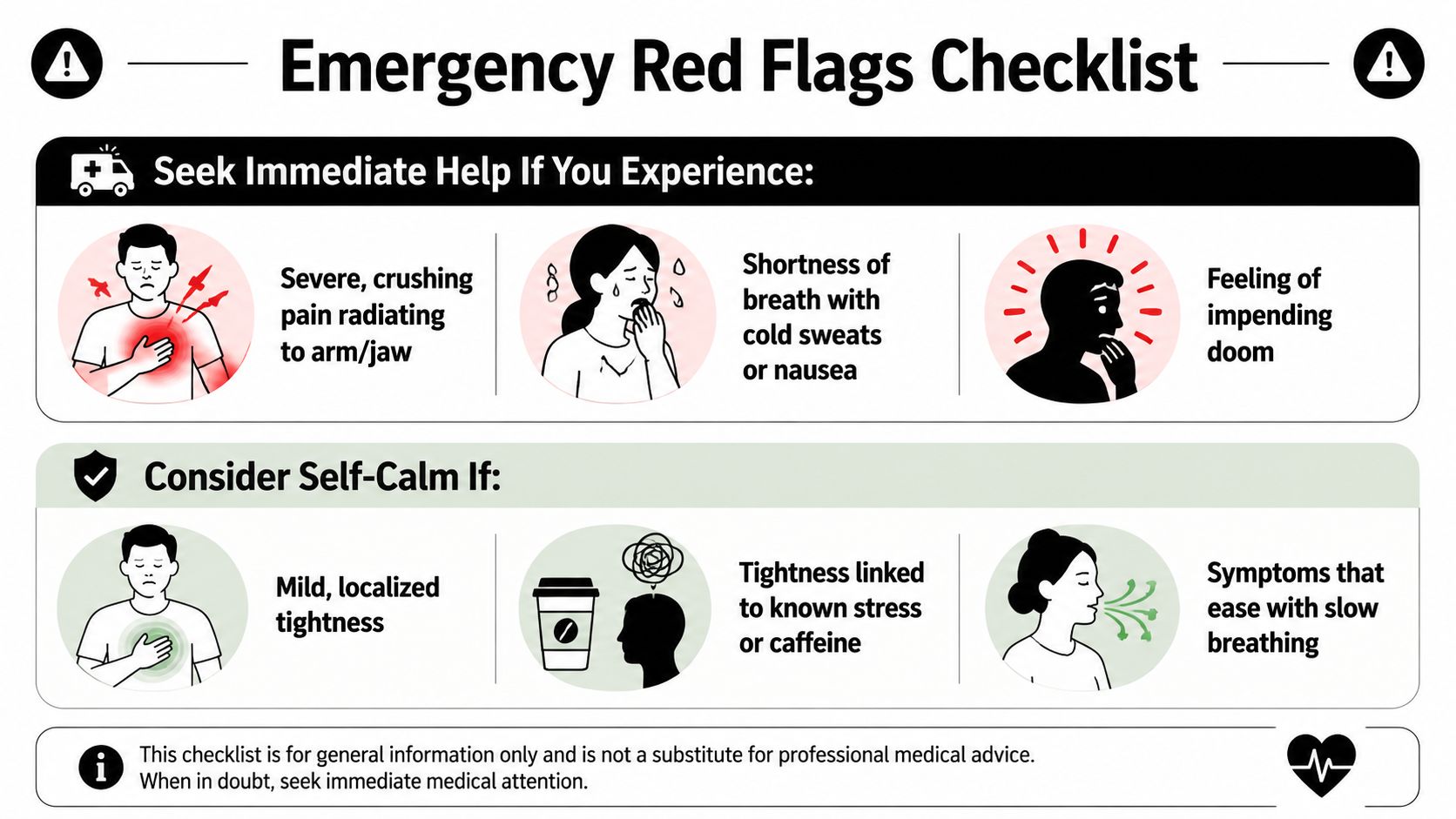 An emergency red flags checklist chart comparing symptoms of serious heart issues versus manageable chest tightness.