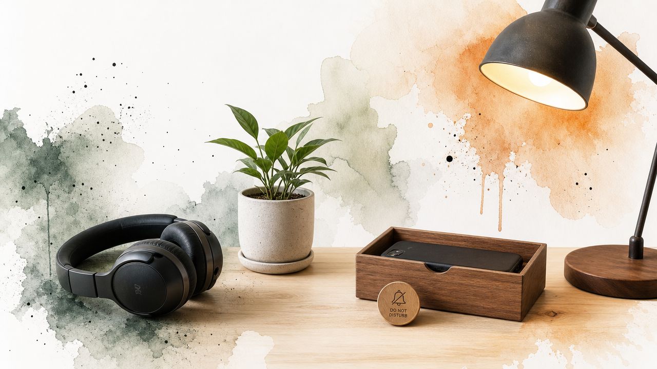 A clean desk setup with headphones, a plant, a phone in a wooden box, and a lamp.