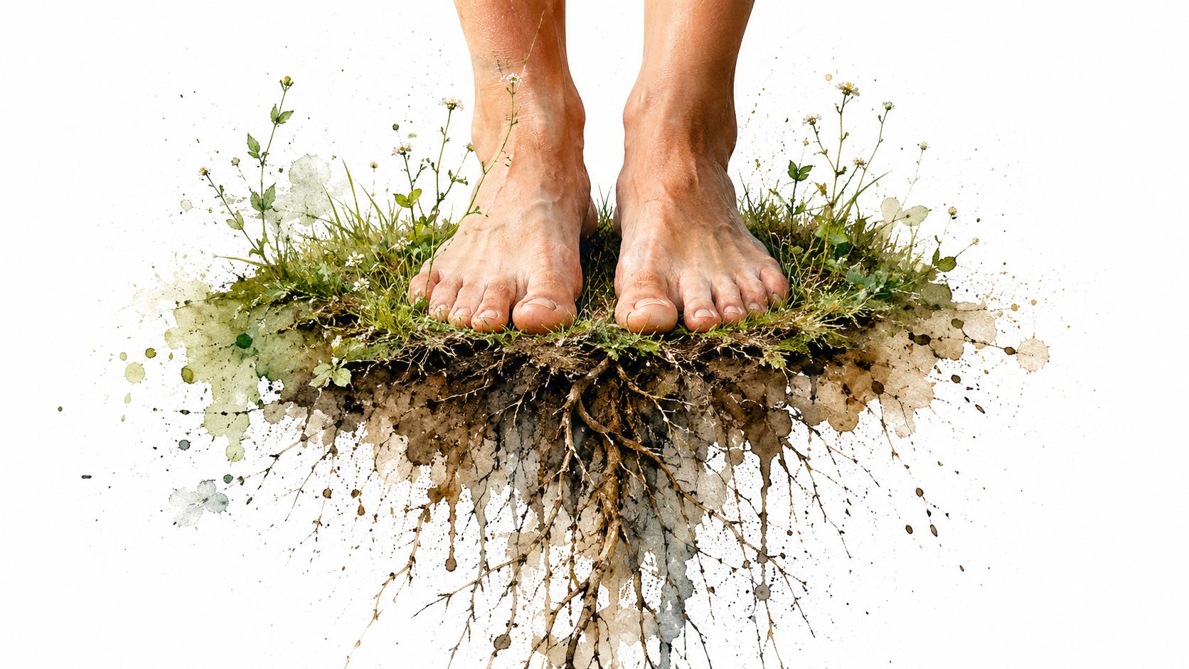 Bare human feet standing on a small patch of earth with roots hanging against white background.