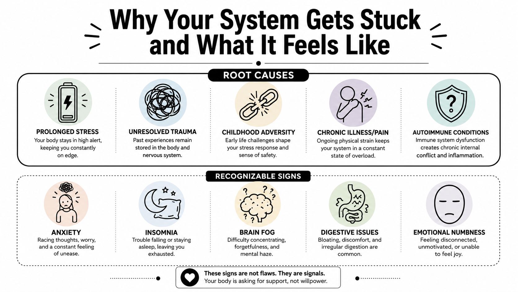 An infographic titled Why Your System Gets Stuck, detailing root causes and recognizable signs of chronic stress.