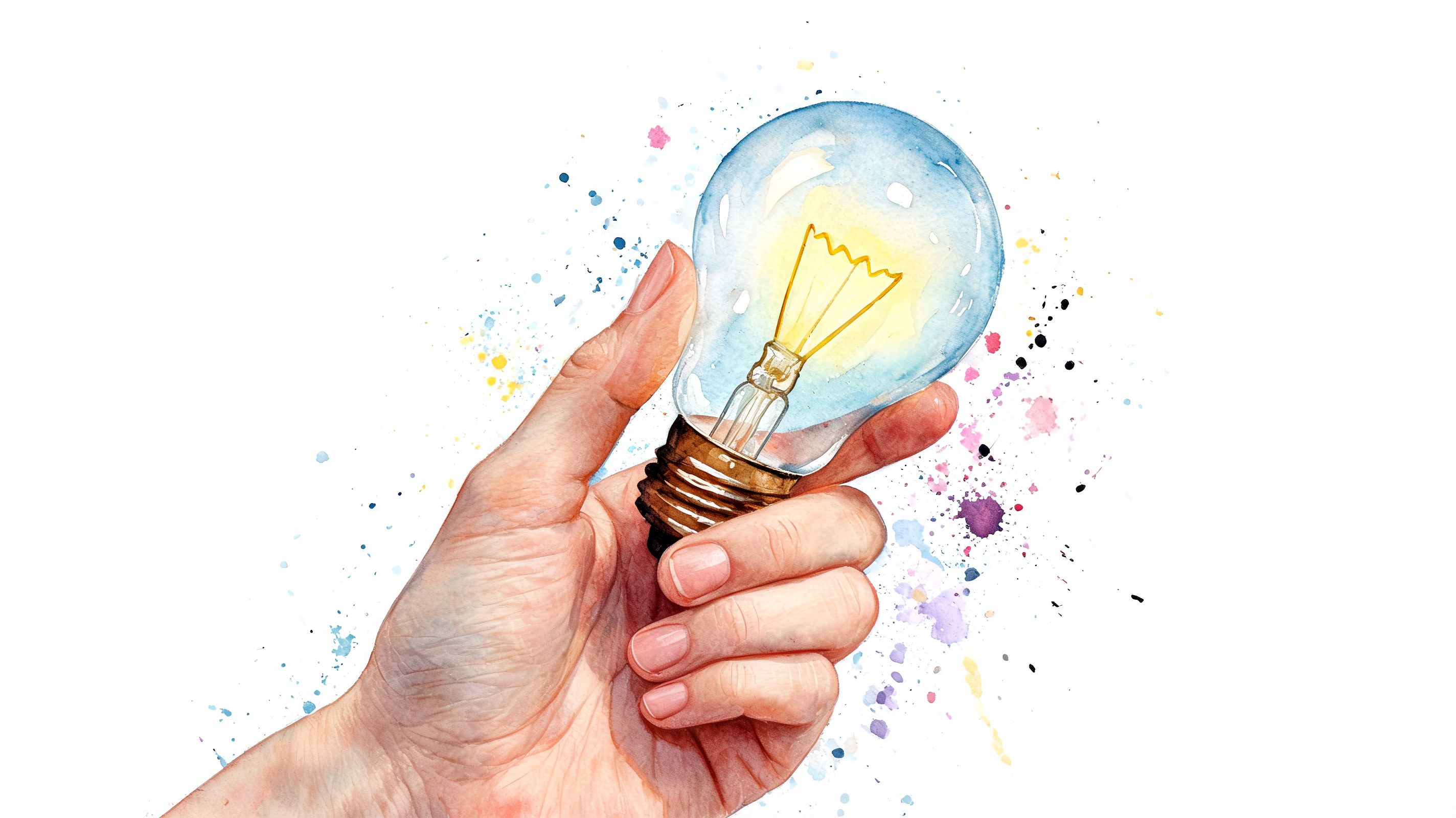 A watercolor illustration of a hand holding a glowing light bulb representing ideas and mental clarity.
