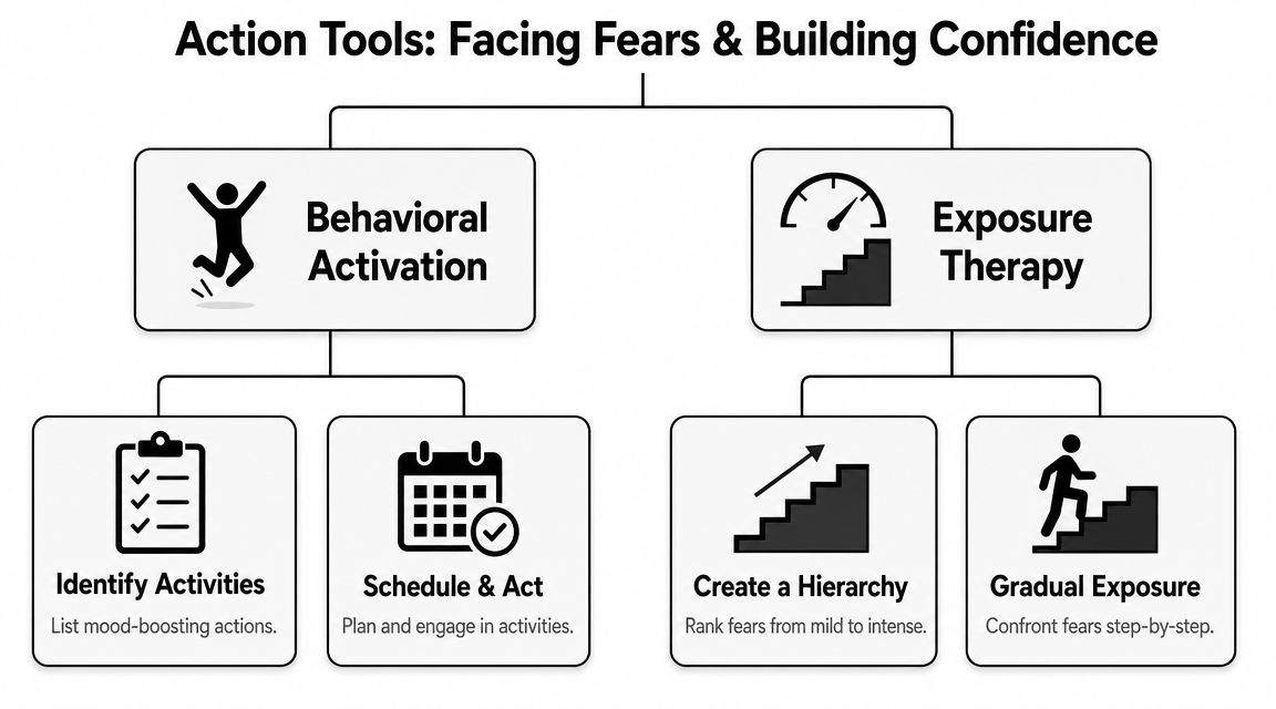 A flowchart showing two main CBT tools: Behavioral Activation for mood and Exposure Therapy for fears.