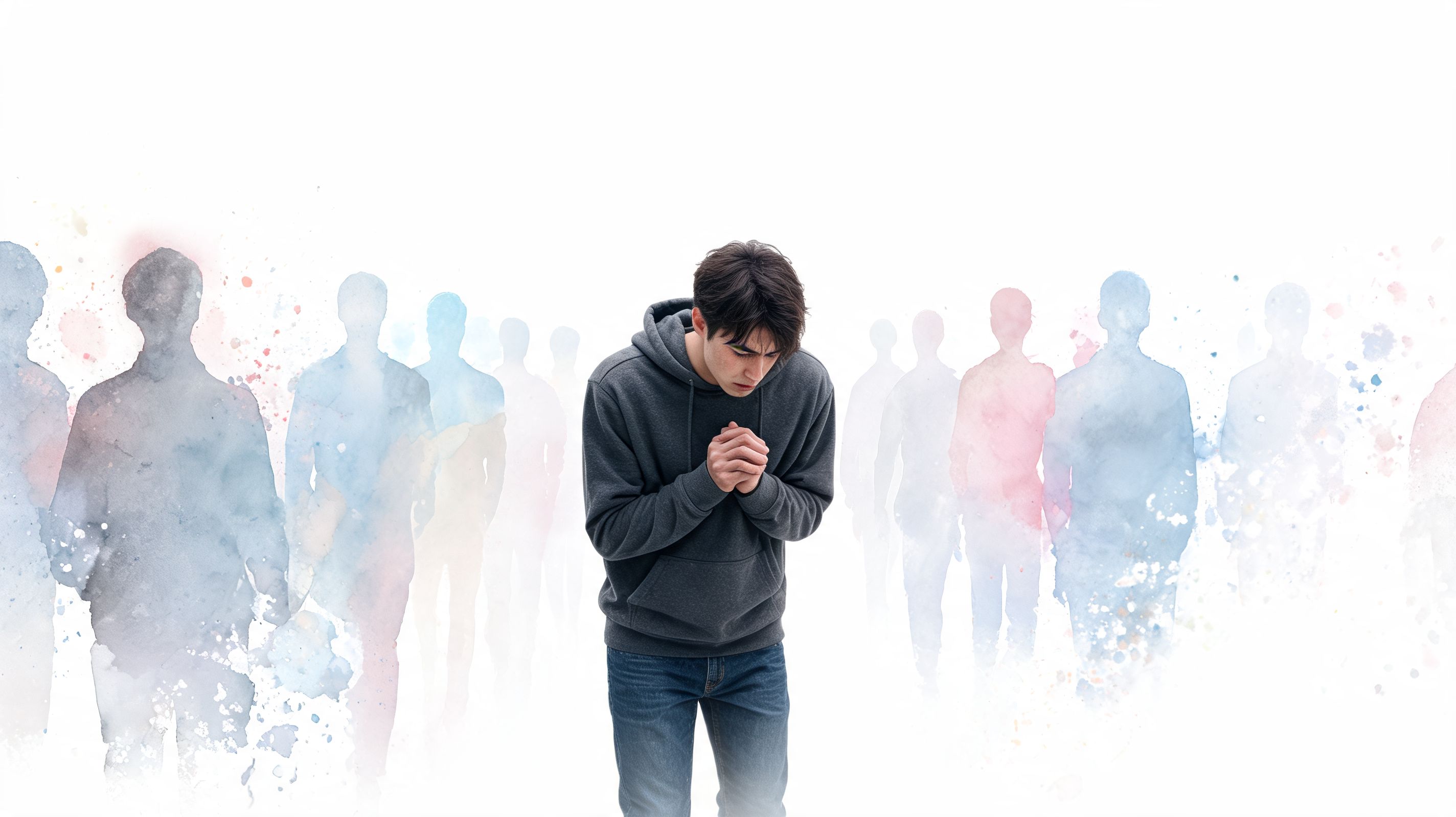 A young man looking down with hands clasped in prayer, surrounded by ethereal watercolor silhouettes of people.
