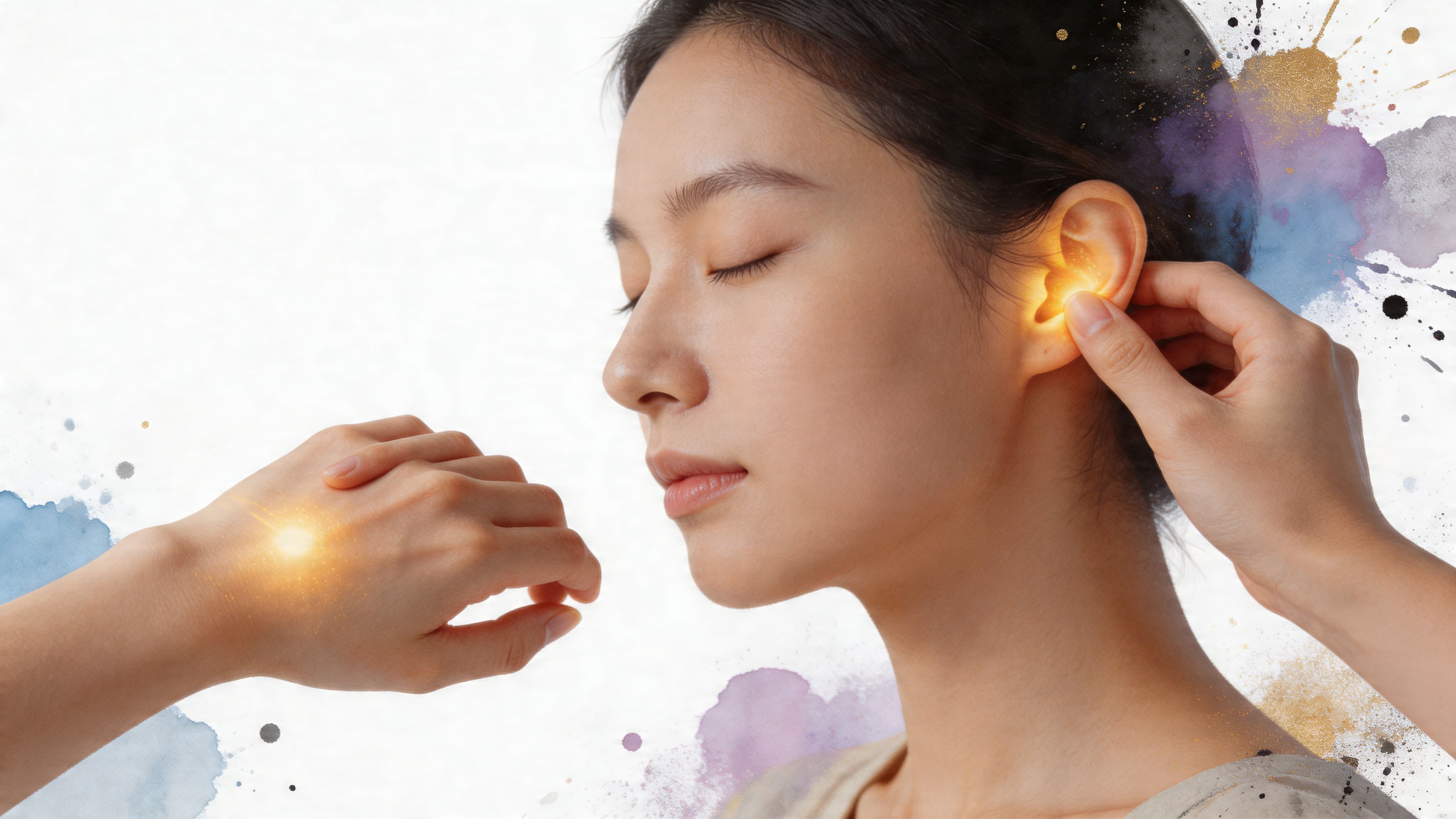 A woman receiving an acupressure treatment on her ear and hand to help with sleep relaxation.