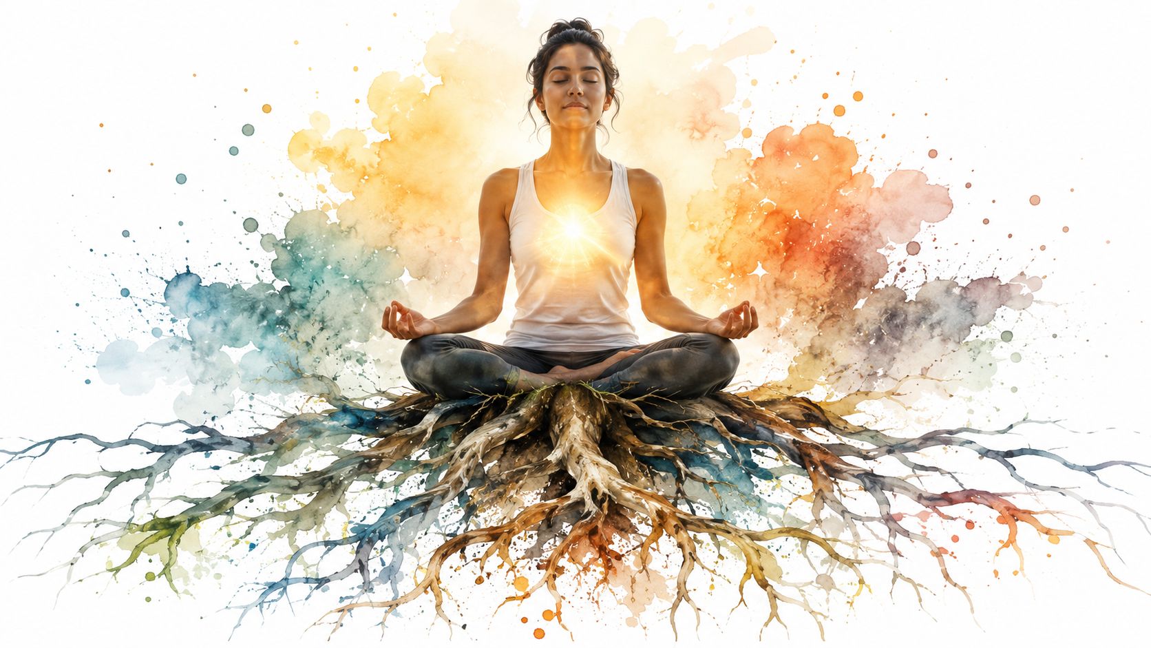A woman in a meditative pose surrounded by colorful watercolor splashes and intricate tree roots below.