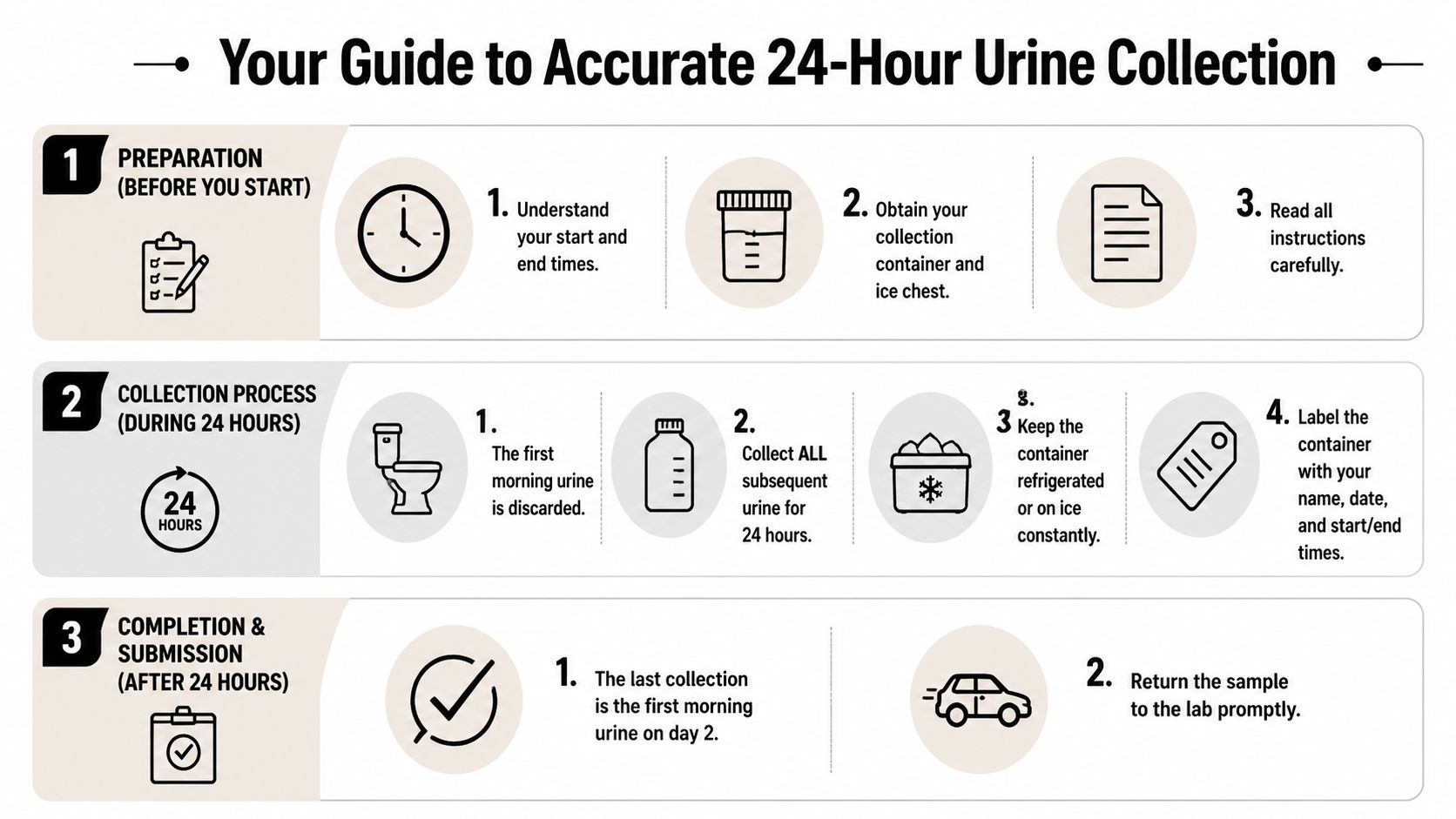 A clear, numbered infographic guide on how to perform an accurate 24-hour urine collection for medical testing.