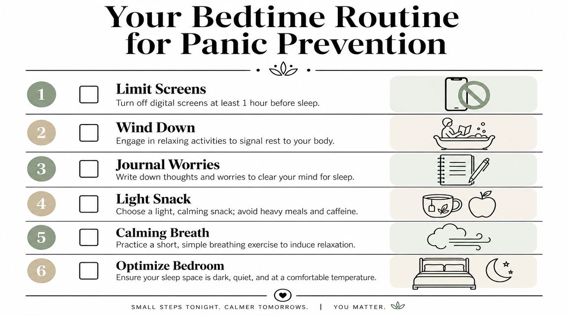 A checklist illustrating a six-step bedtime routine designed to help prevent night-time panic and anxiety.