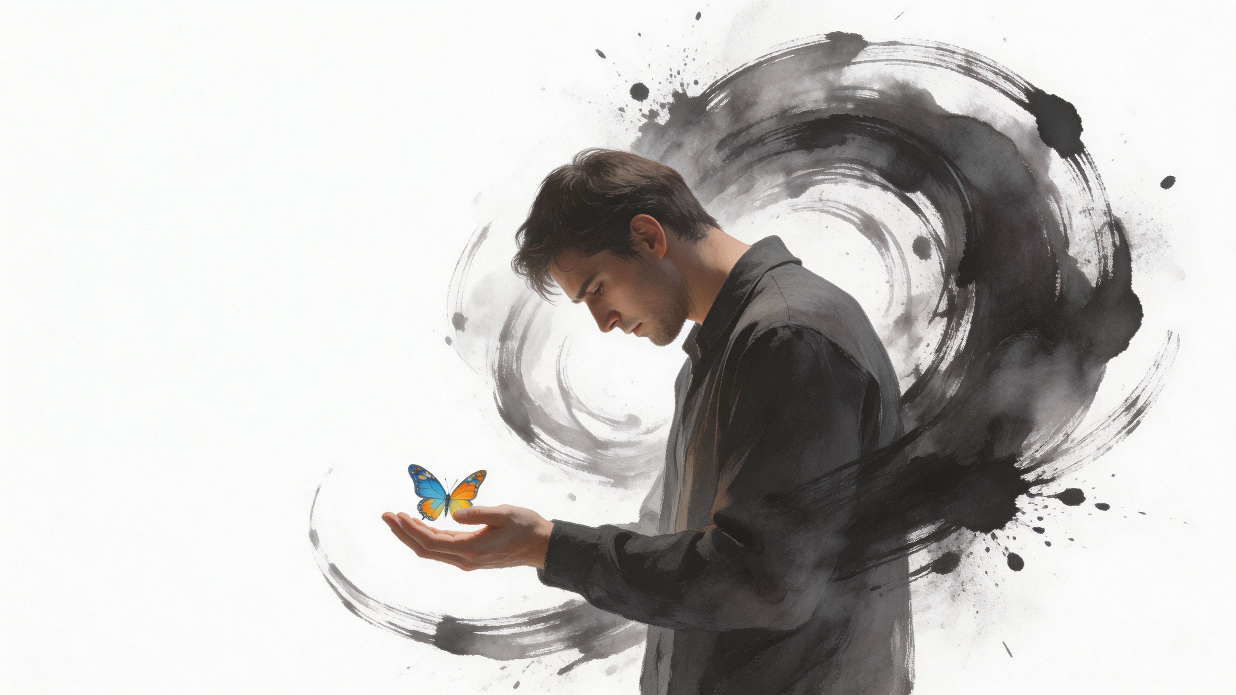 A man looking down at a colorful butterfly in his hands against a swirling ink background.