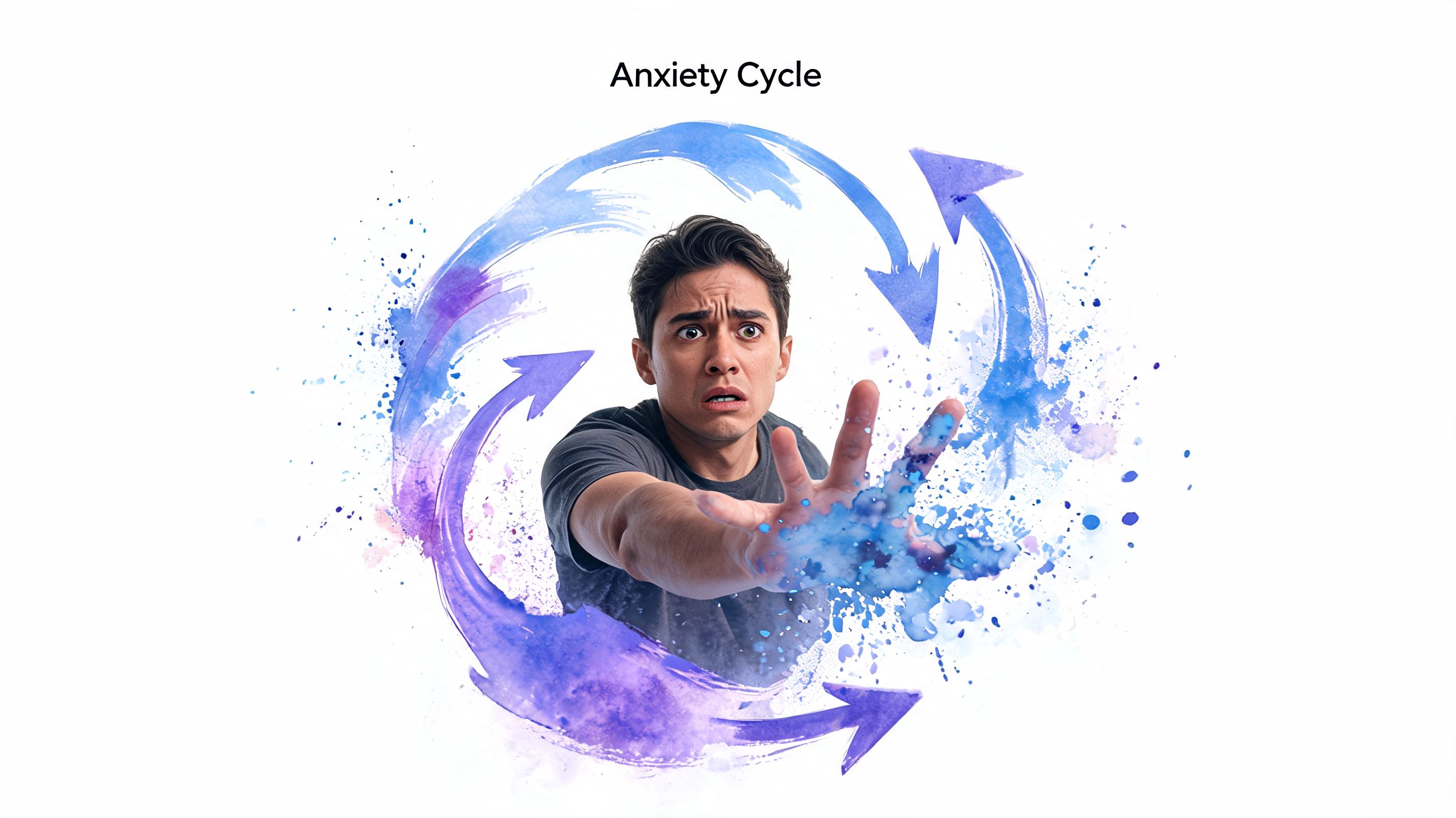A distressed man reaching out as he is encircled by a swirling blue and purple anxiety cycle.