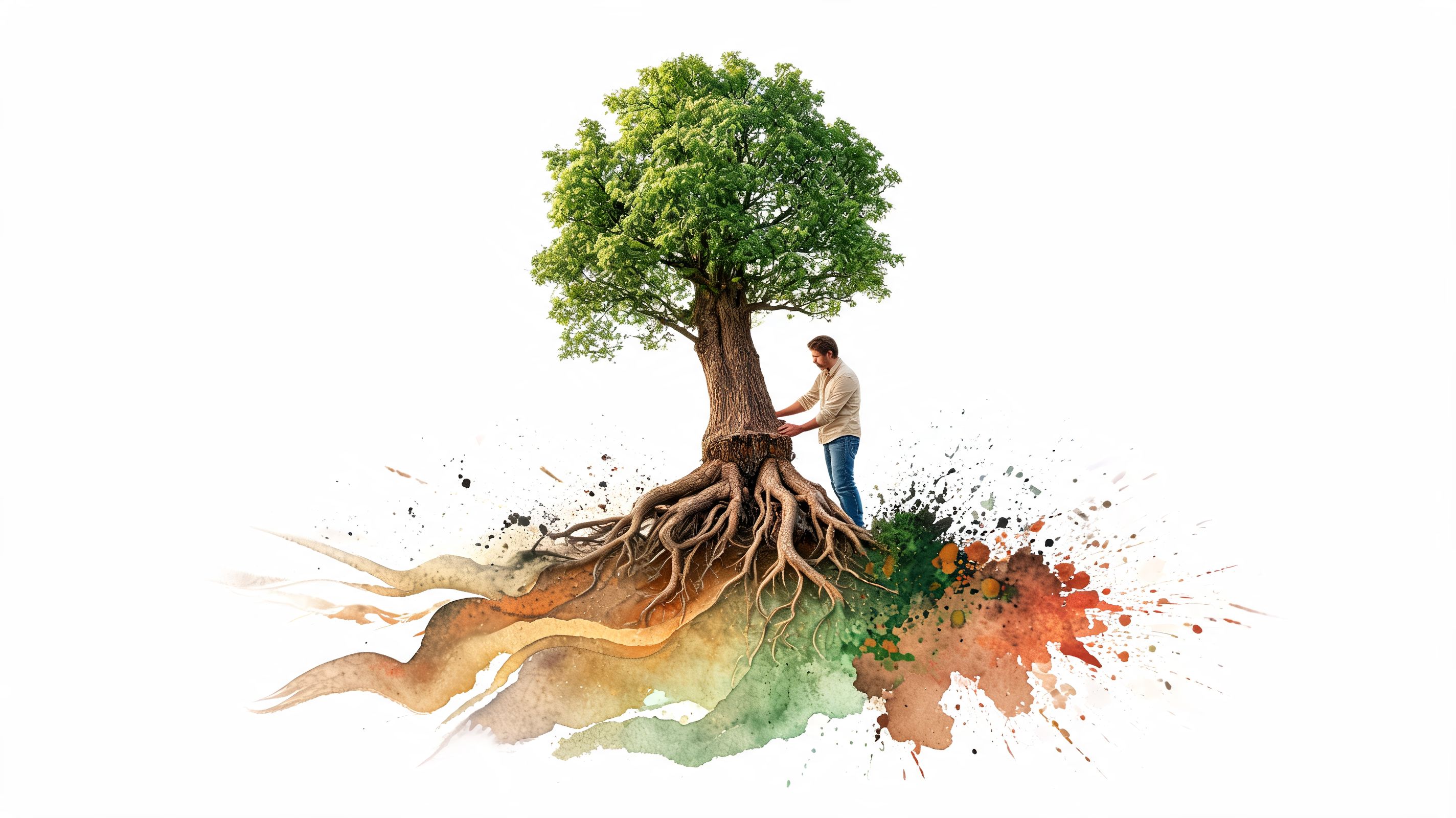 A man standing next to a large tree with visible roots surrounded by artistic watercolor paint splashes.