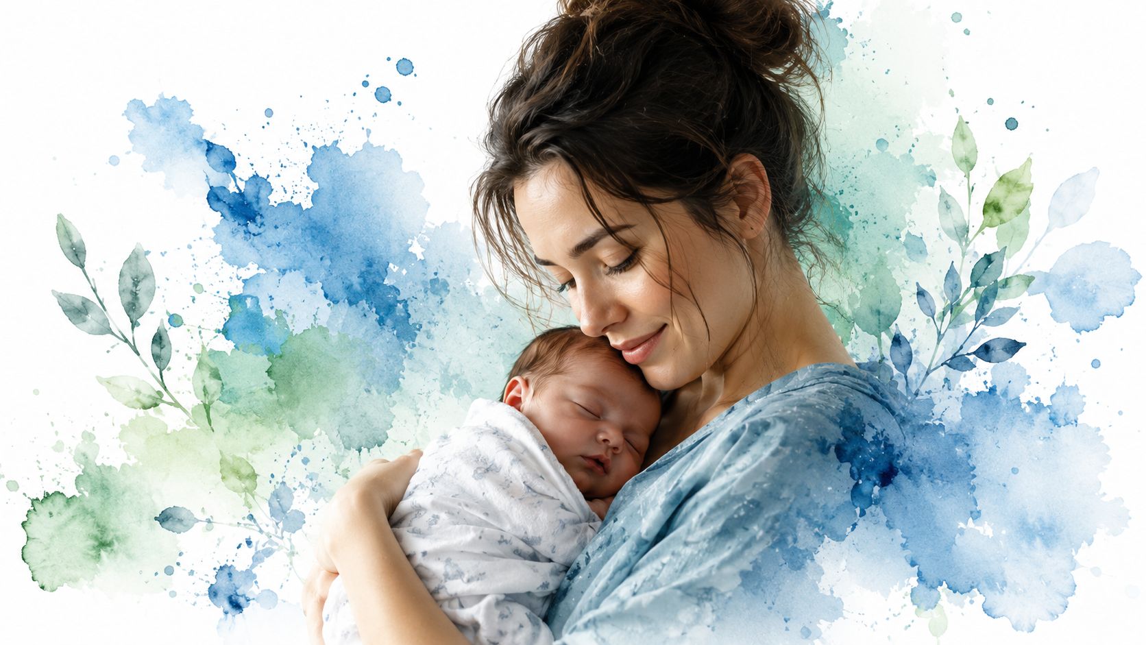 A tender moment showing a mother holding her newborn baby against a soft watercolor background illustration.