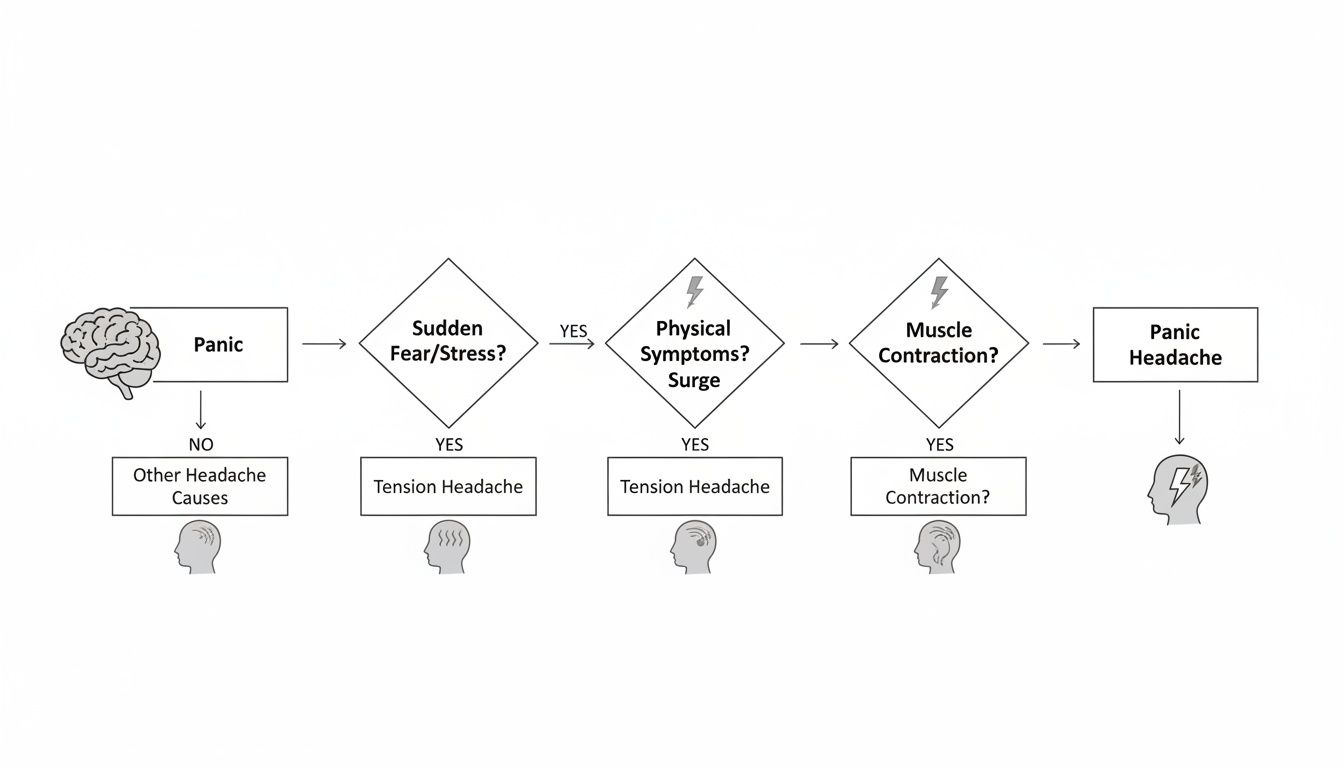 A flowchart illustrating the progression from panic and stress to various headache types.