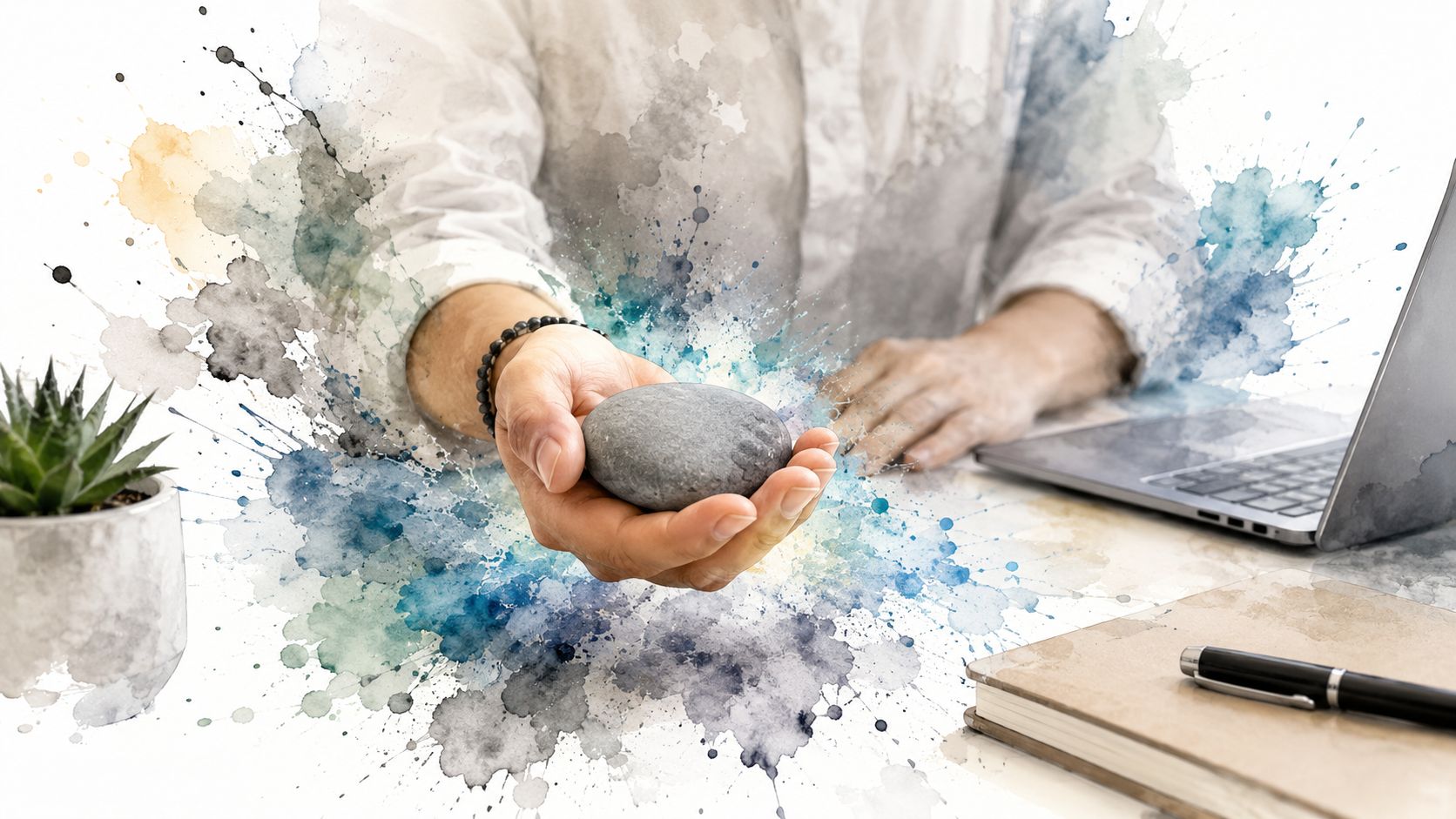 A person holding a smooth grey stone in their palm, representing stress relief and anxiety at work.