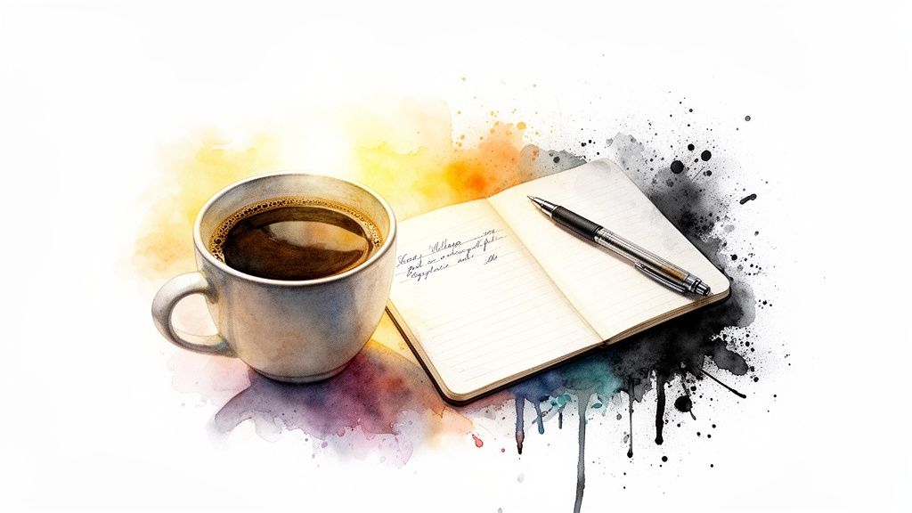 A vibrant watercolor illustration of a steaming coffee cup, open notebook, and pen on a white background.