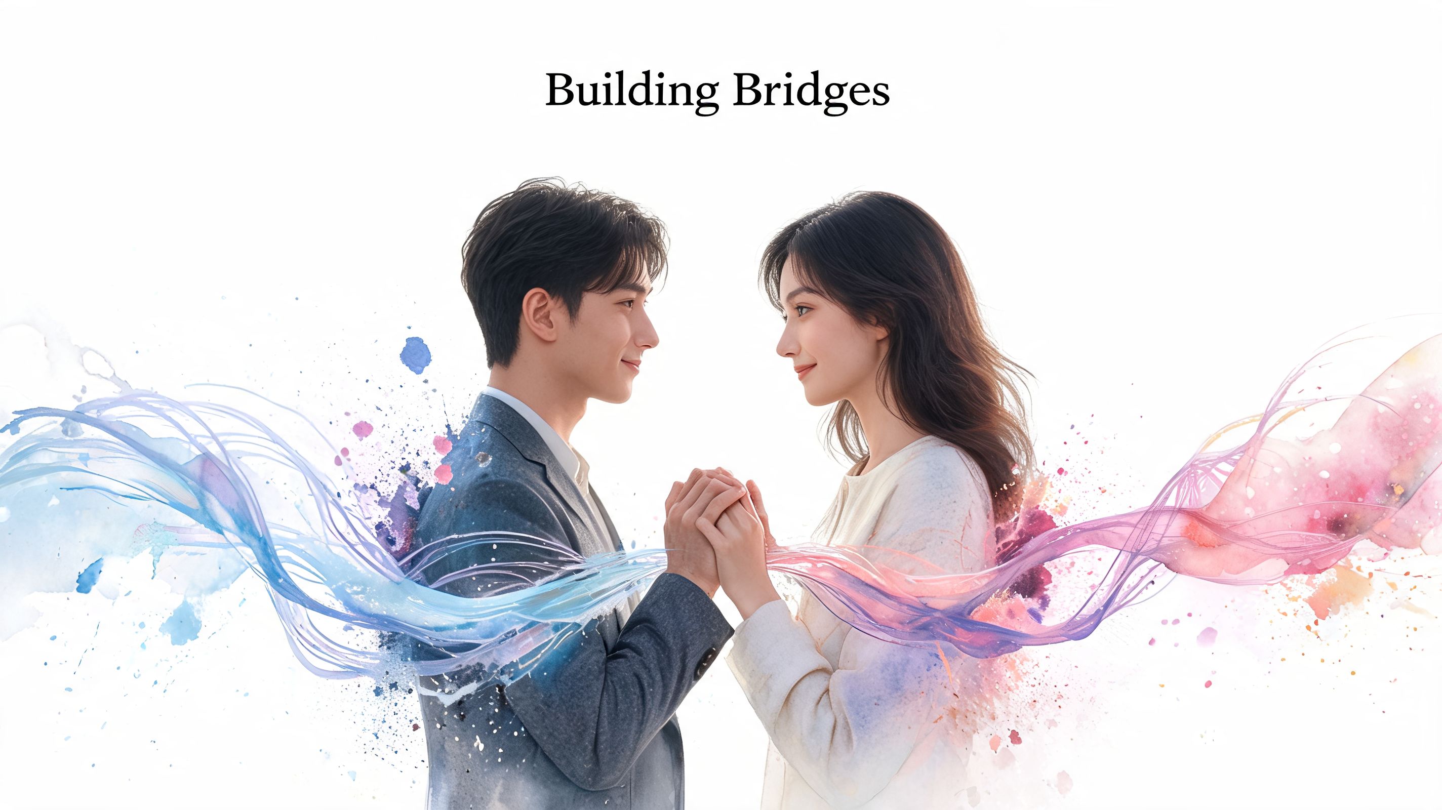A romantic couple looking at each other while holding hands, connected by artistic flowing watercolor streams.