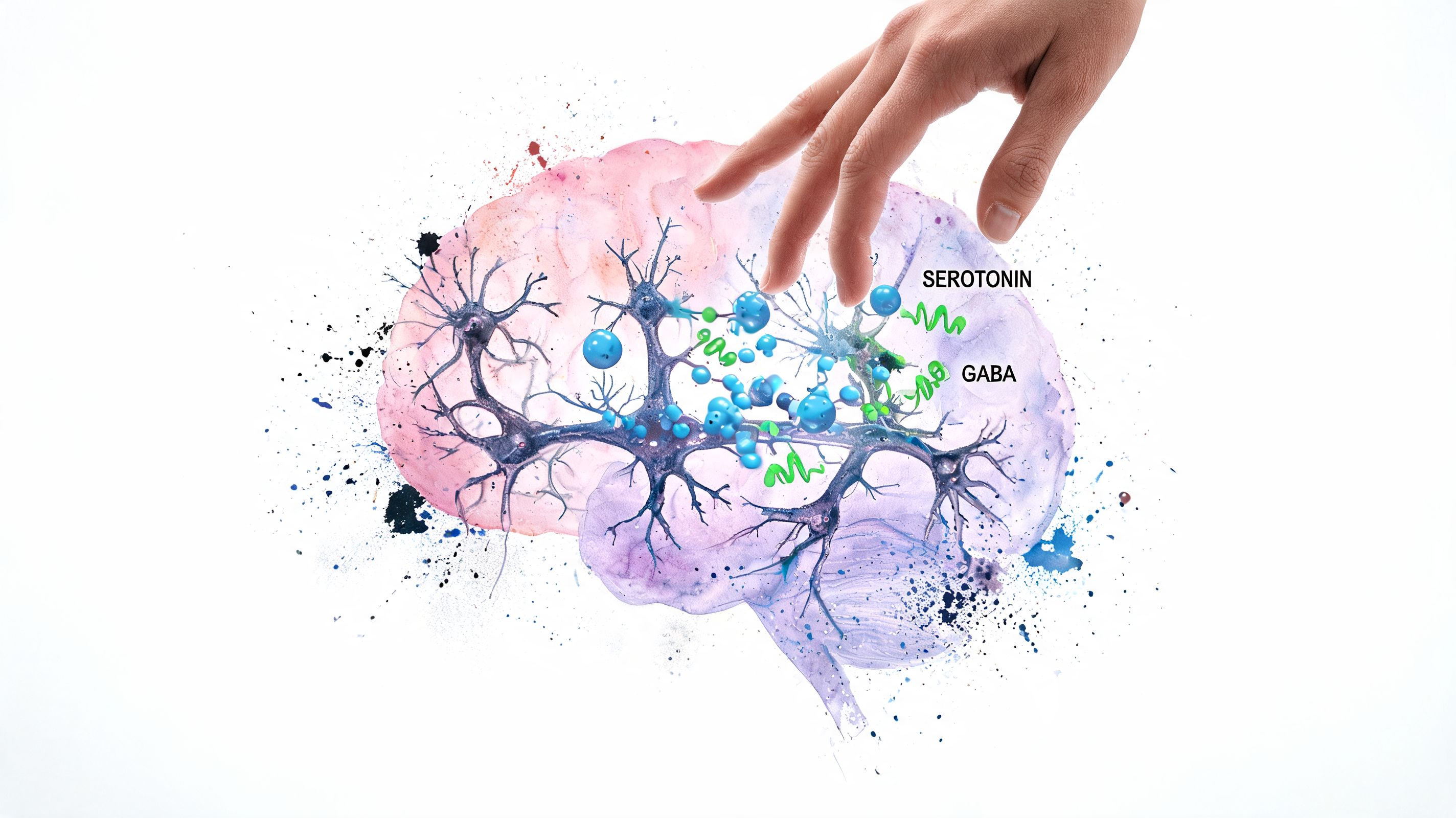 A conceptual illustration of a human brain with neurons and neurotransmitters interacting under a hand's touch.