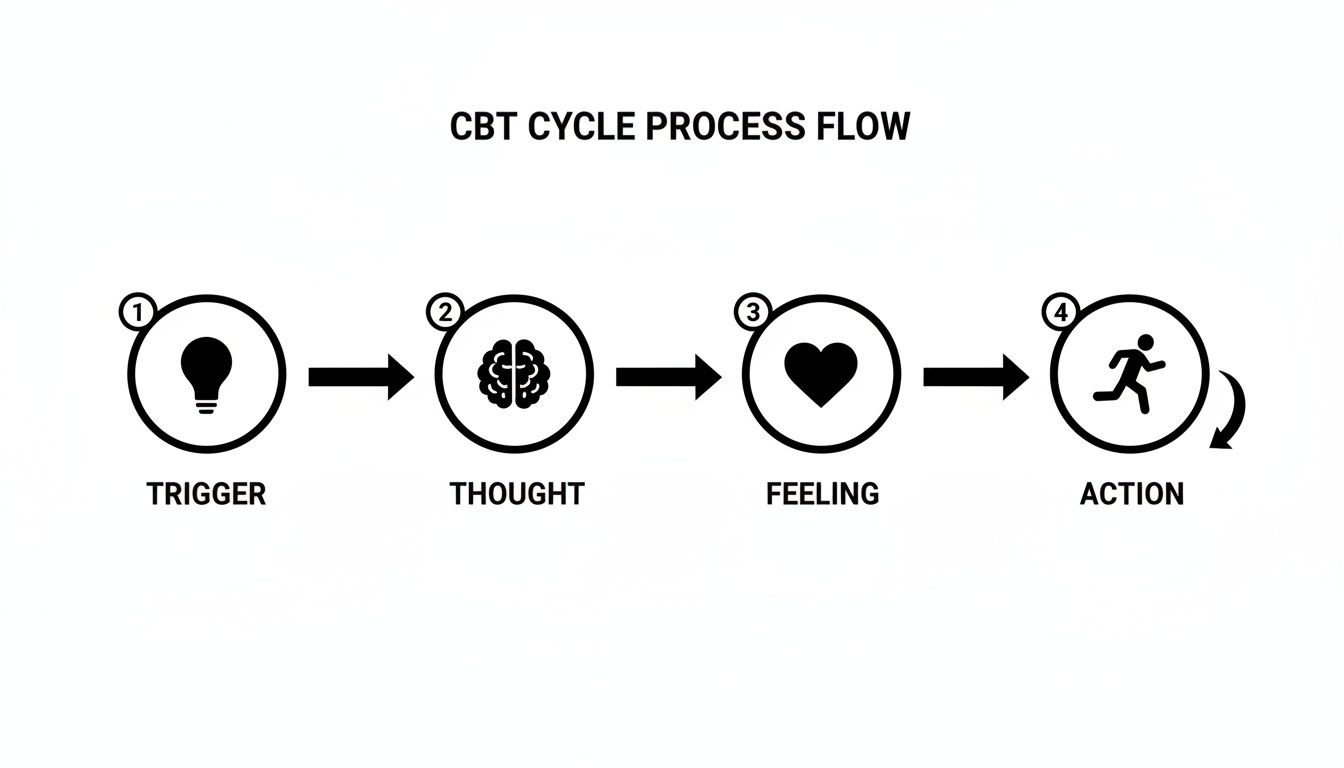 CBT cycle process flow diagram illustrating the sequence: Trigger, Thought, Feeling, Action, forming a continuous loop.