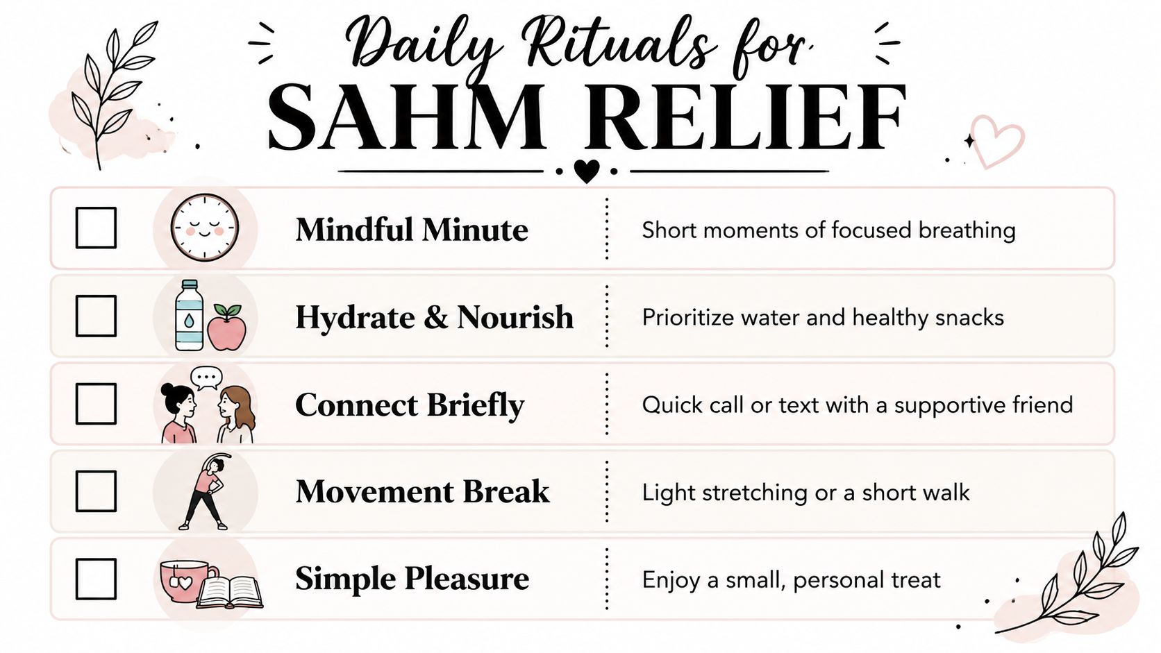 A checklist of daily wellness rituals for stay at home mothers to help manage burnout and stress.
