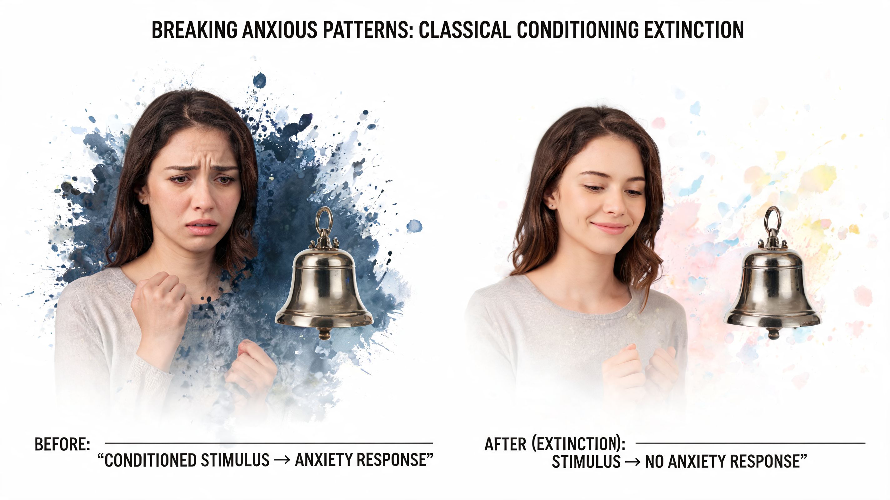 A diagram comparing a woman's anxious reaction to a bell before and after classical conditioning extinction therapy.