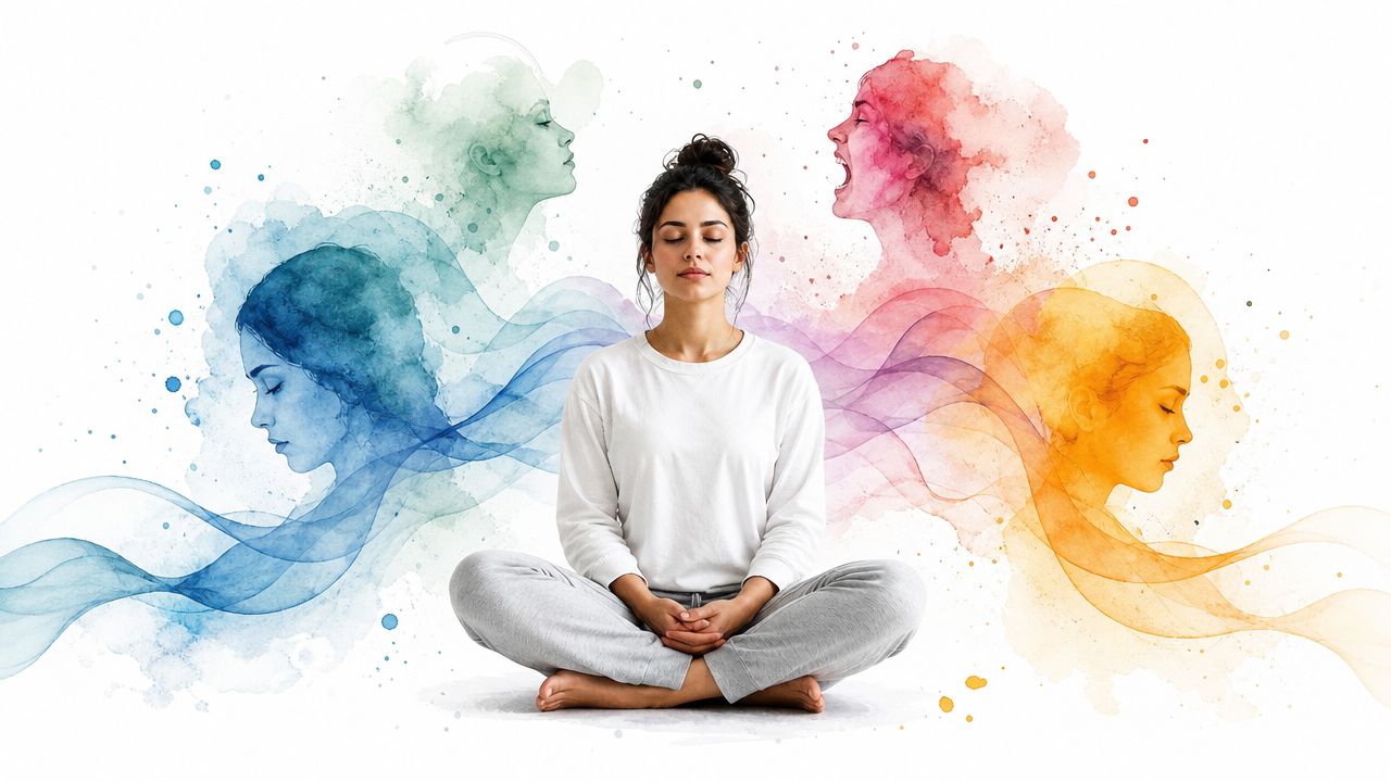 A woman meditating peacefully while surrounded by colorful watercolor emotional representations of her different mental states.