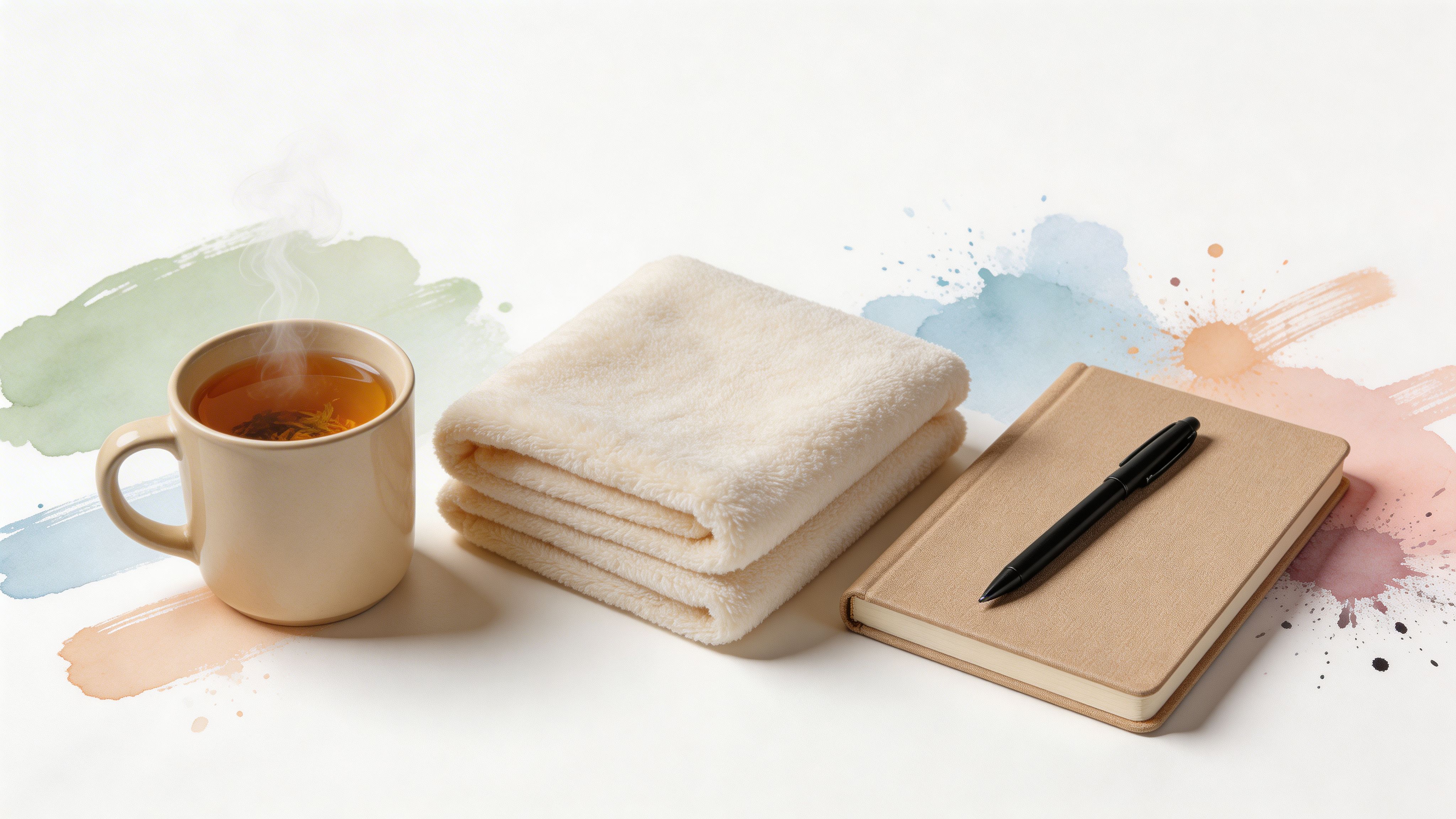 A cup of tea, a folded soft towel, and a notebook with a pen on a table.