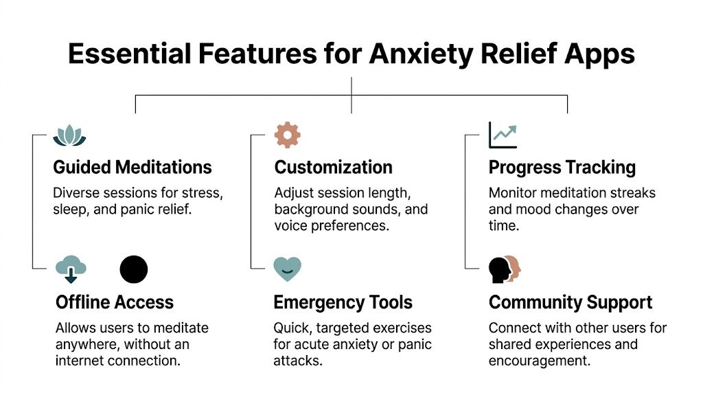 A infographic listing essential features for anxiety relief apps, including meditation, customization, tracking, and community support.