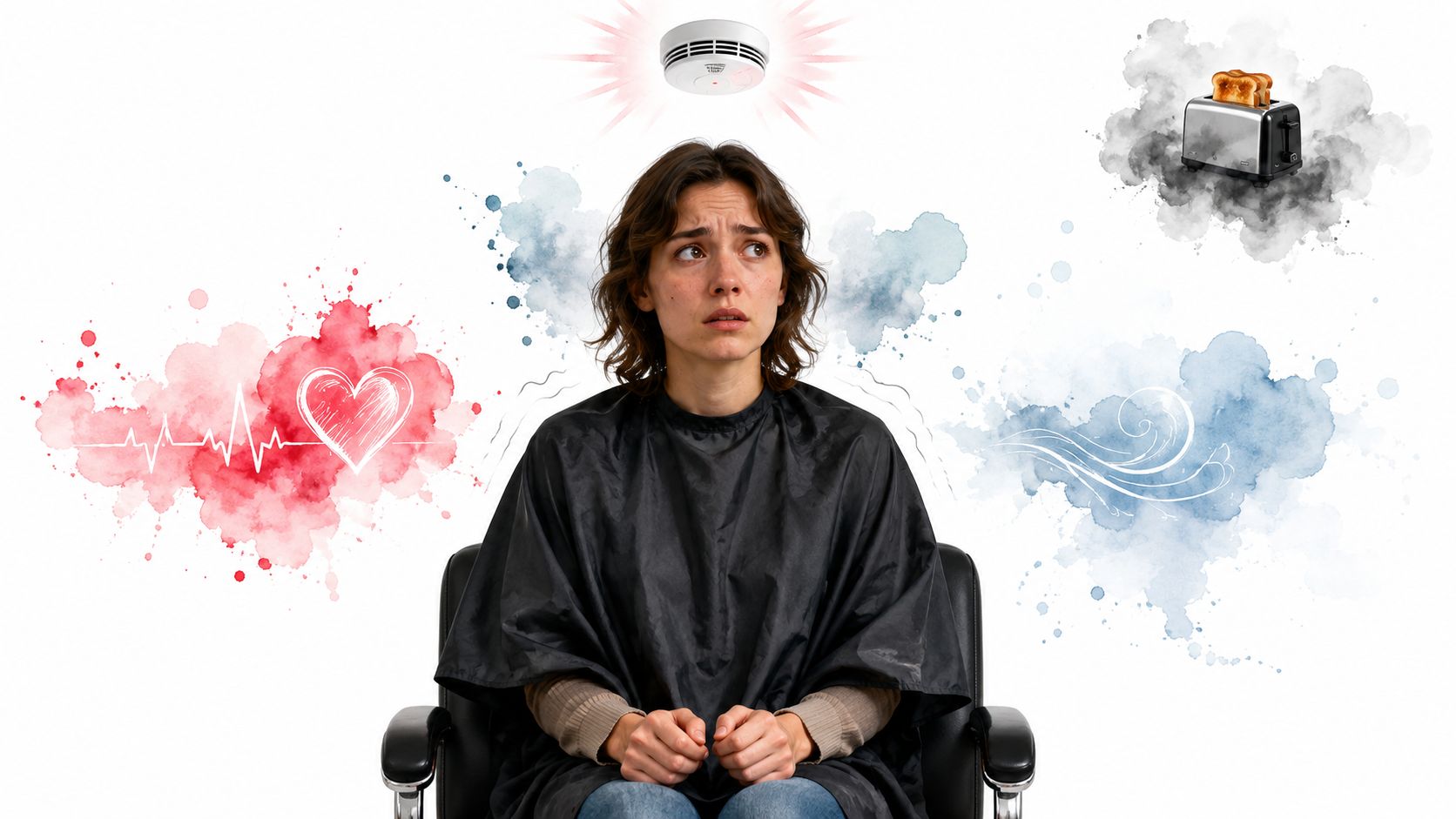 A distressed person sitting in a salon chair feeling anxious with symbolic illustrations of stress and panic.