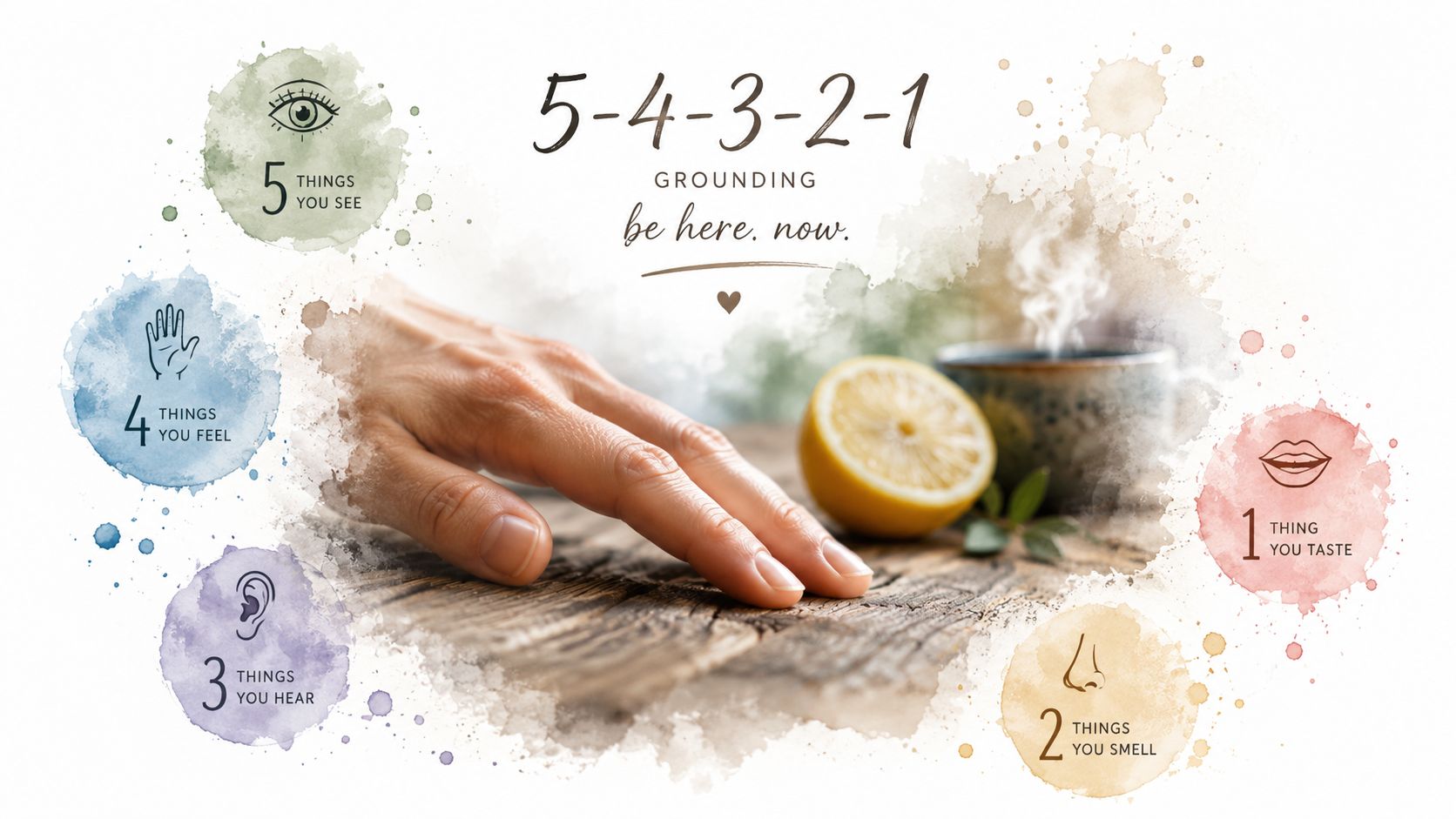 A visual guide for the 5-4-3-2-1 grounding technique to help manage anxiety and stay present.