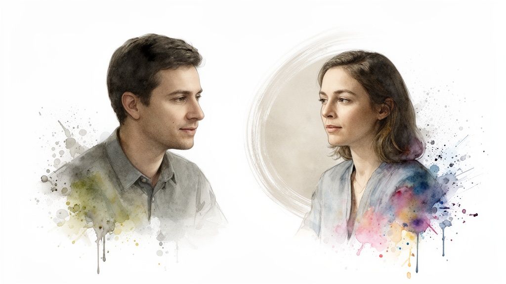 Watercolor illustration of a man and woman looking past each other, avoiding direct eye contact.