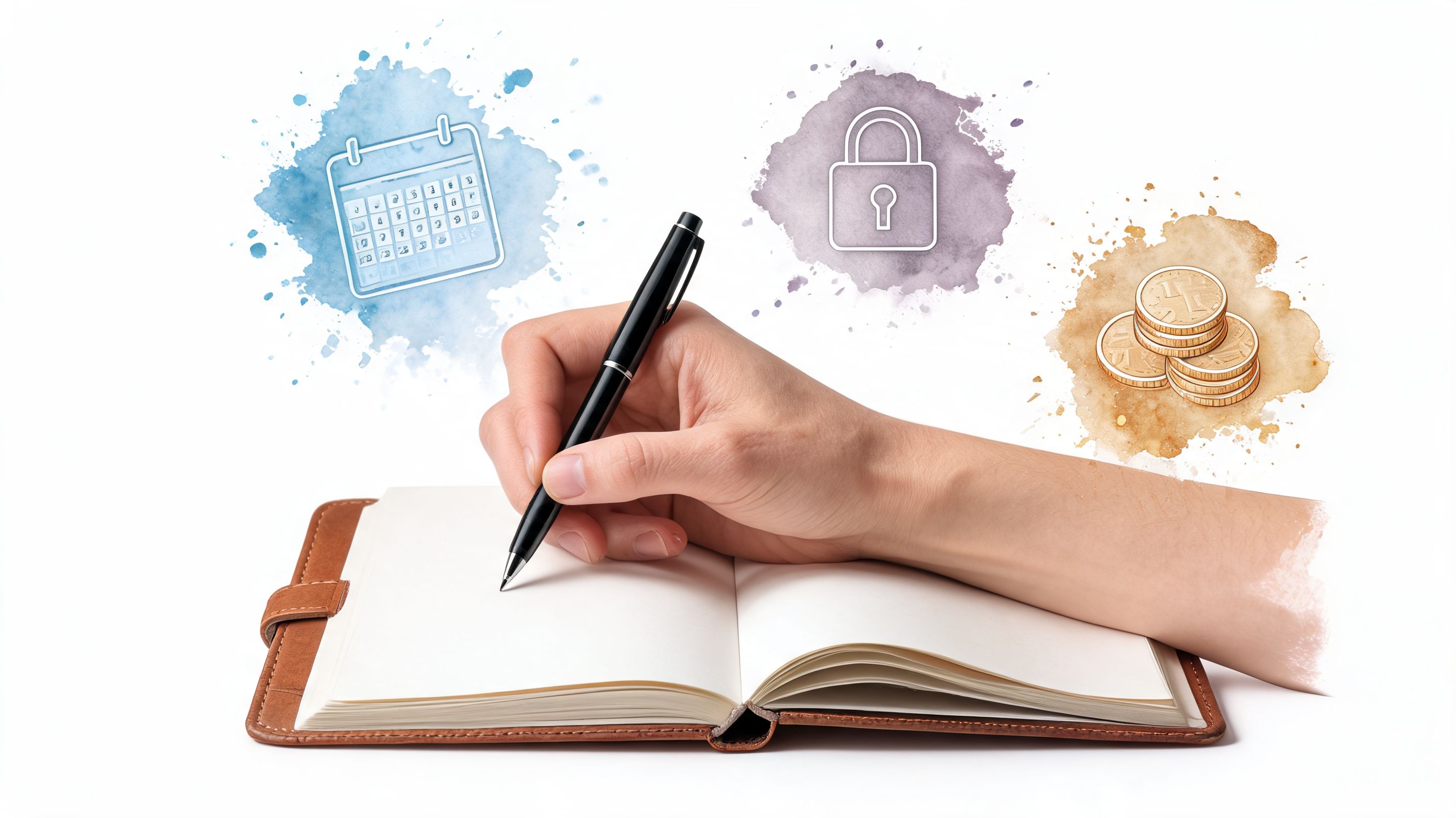 A hand holding a pen over an open notebook surrounded by conceptual icons for time, security, and money.