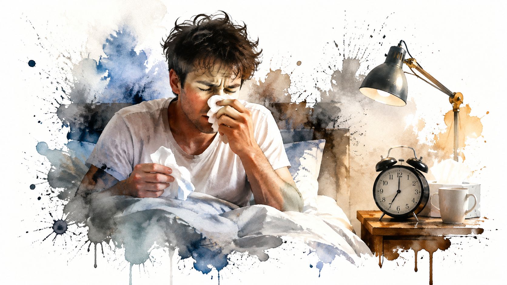 A sick person sitting up in bed feeling congested while holding a tissue to their nose.