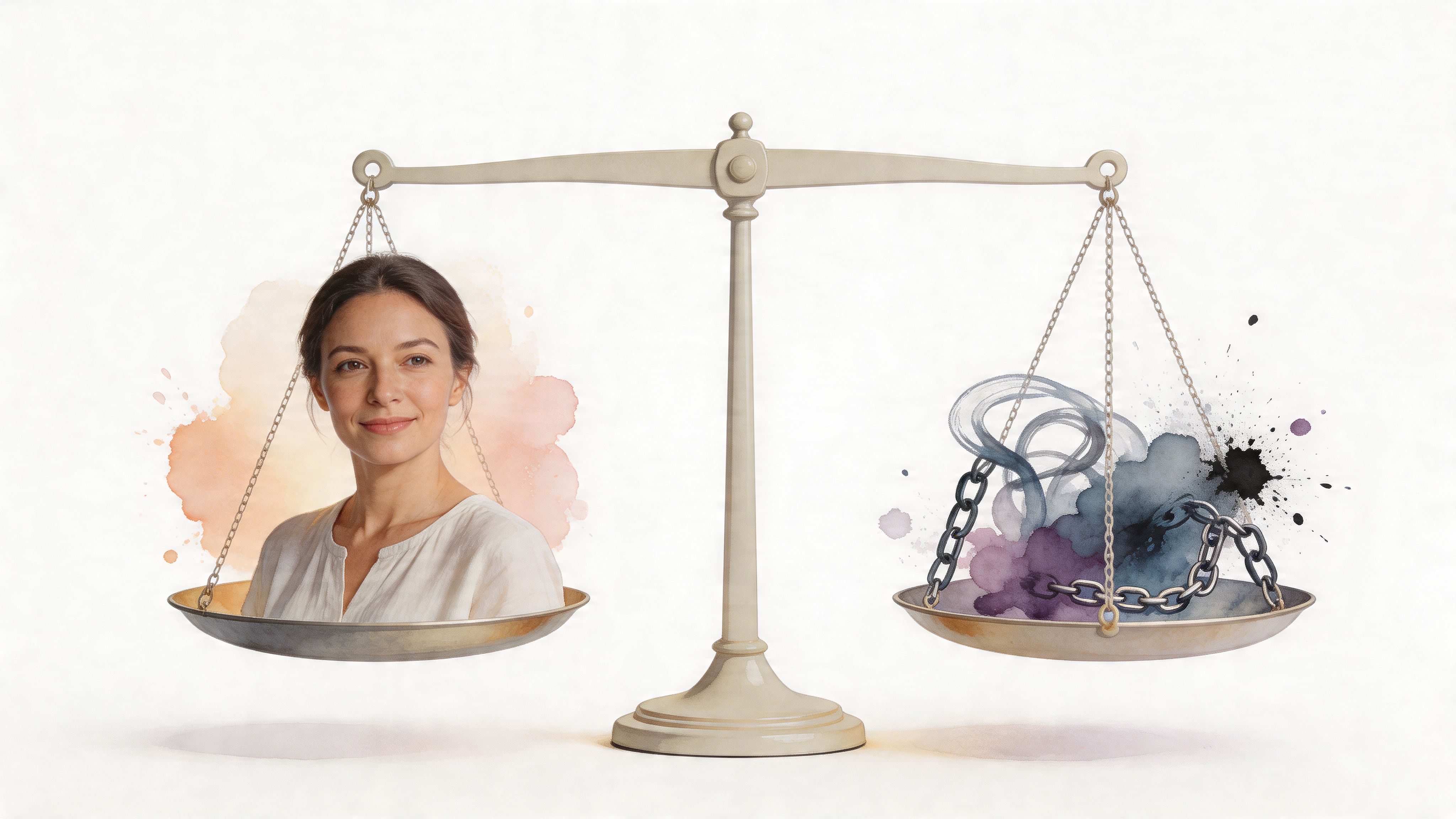 A conceptual scale showing a peaceful woman balanced against heavy metal chains and dark abstract watercolor smoke.