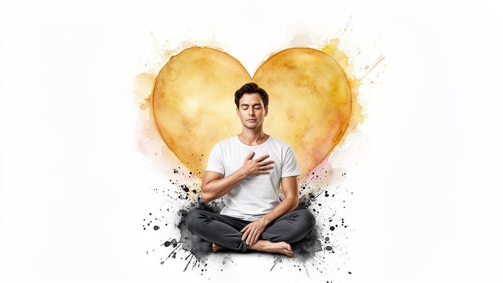 A man meditates in a lotus position with his hand on his chest, against a watercolor heart.