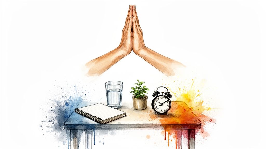 Mindful daily routine with hands in prayer over a table holding a notebook, water, plant, and alarm clock.